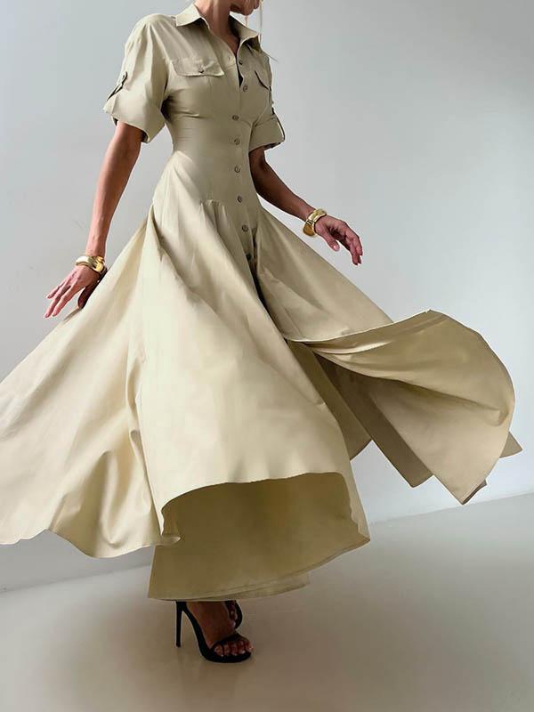 Short Sleeves Buttoned Solid Color Lapel Maxi Dresses Shirt Dress Product Image
