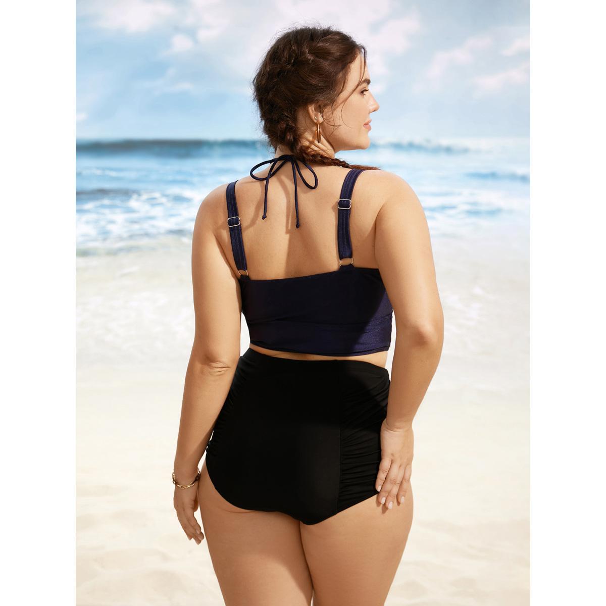 Plus Size Solid V Neck Tie Knot Adjustable Straps Swim Top Women's Swimwear Indigo Beach Tie knot High stretch Skinny V-neck Curve Swim Tops BloomChic 10/M Product Image