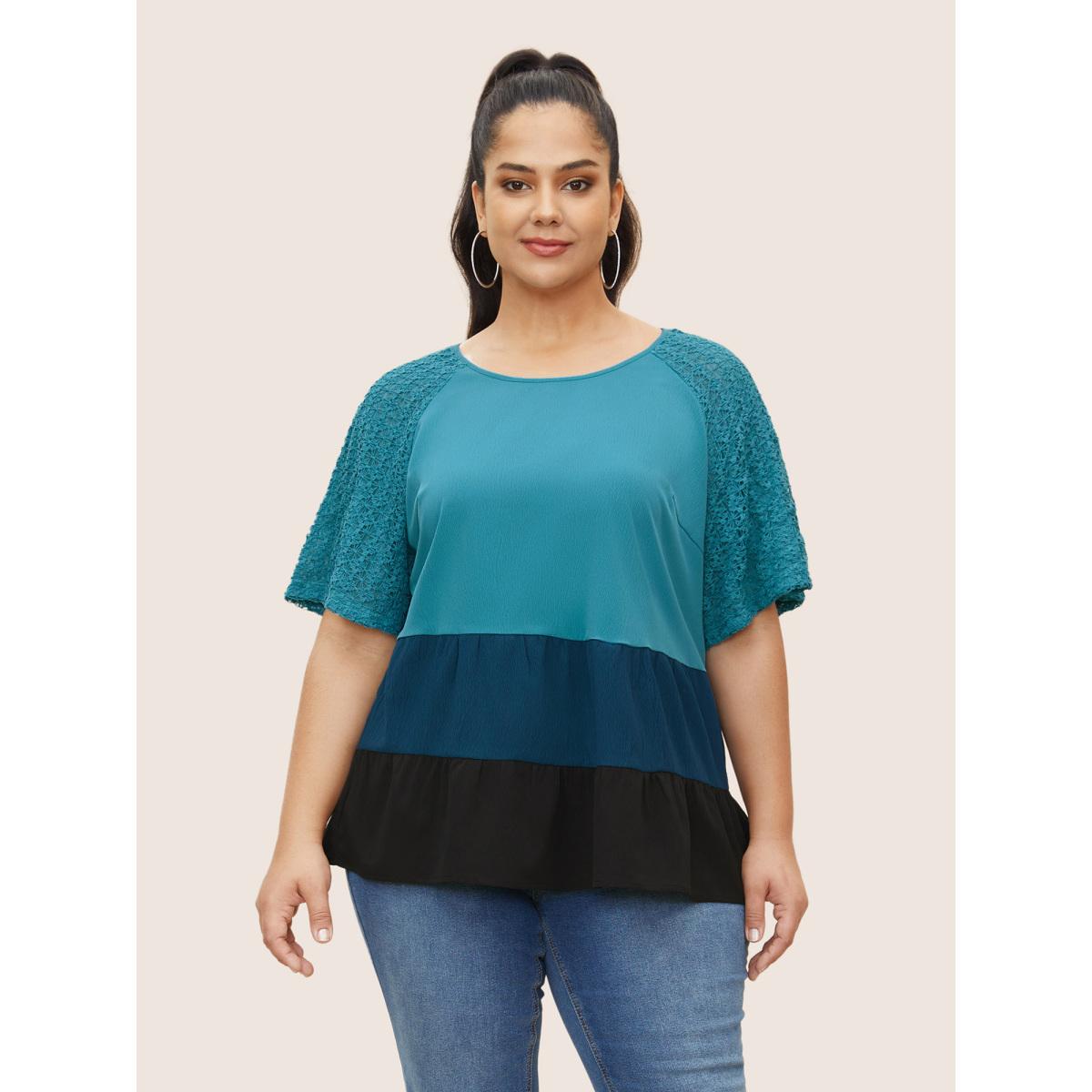 Plus Size Cerulean Colorblock Contrast Lace Panel Raglan Sleeve Blouse Women Casual Short sleeve Round Neck Everyday Blouses BloomChic 26/4X Product Image