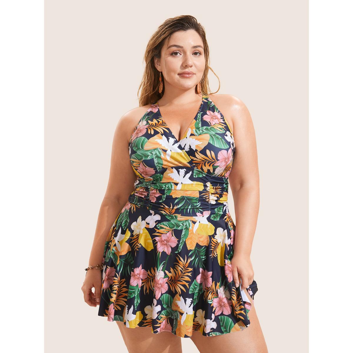 Plus Size Tropical Adjustable Straps Ruched Swim Dress Women's Swimwear Multicolor Beach Bodycon Overlap Collar High stretch Curve Swim Dresses BloomChic 28/5X Product Image