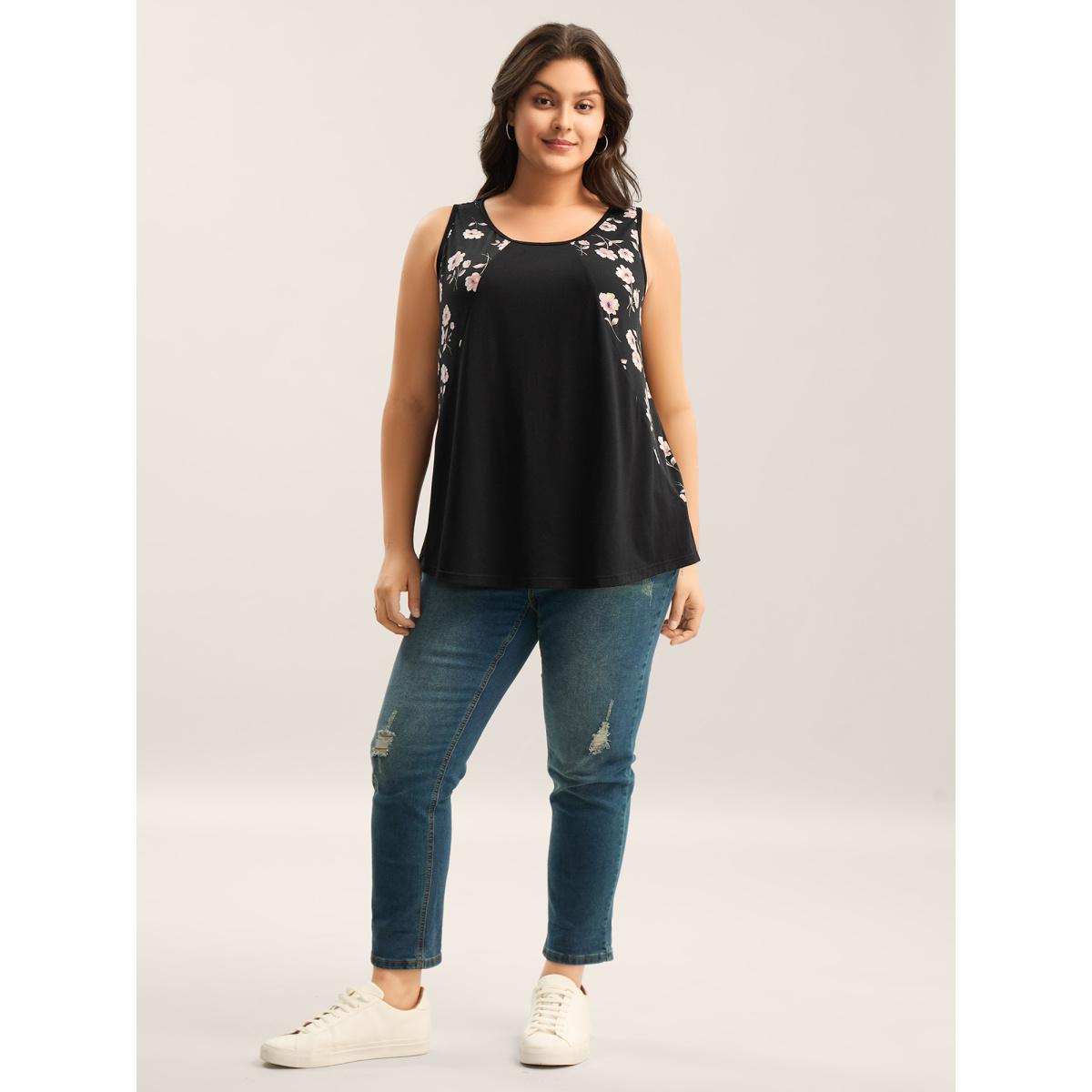 Plus Size Floral Print Spliced Curvy Tank Top Women Black Patchwork Round Neck Everyday-Casual Tank Tops Camis BloomChic 18-20/2X Product Image