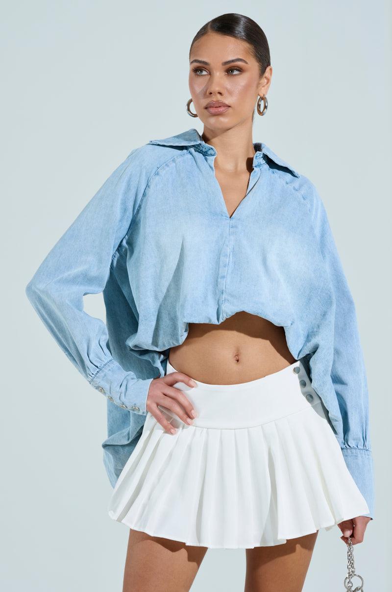 AMELIA DENIM HI LOW BLOUSE Product Image