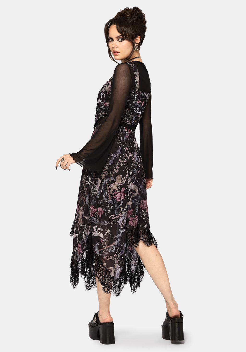 Merunicorn Enchanted Forest Print Puff Sleeve Midi Dress Product Image