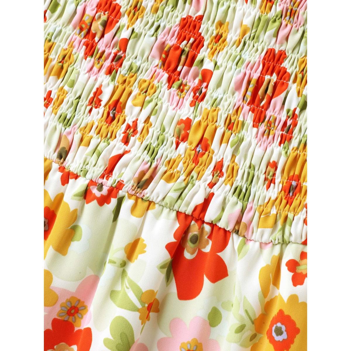 Plus Size Floral Garden Stretchy Waist Shirred Midi Dress Ivory Women Square Neck Cap Sleeve Curvy BloomChic 22-24/3X Product Image