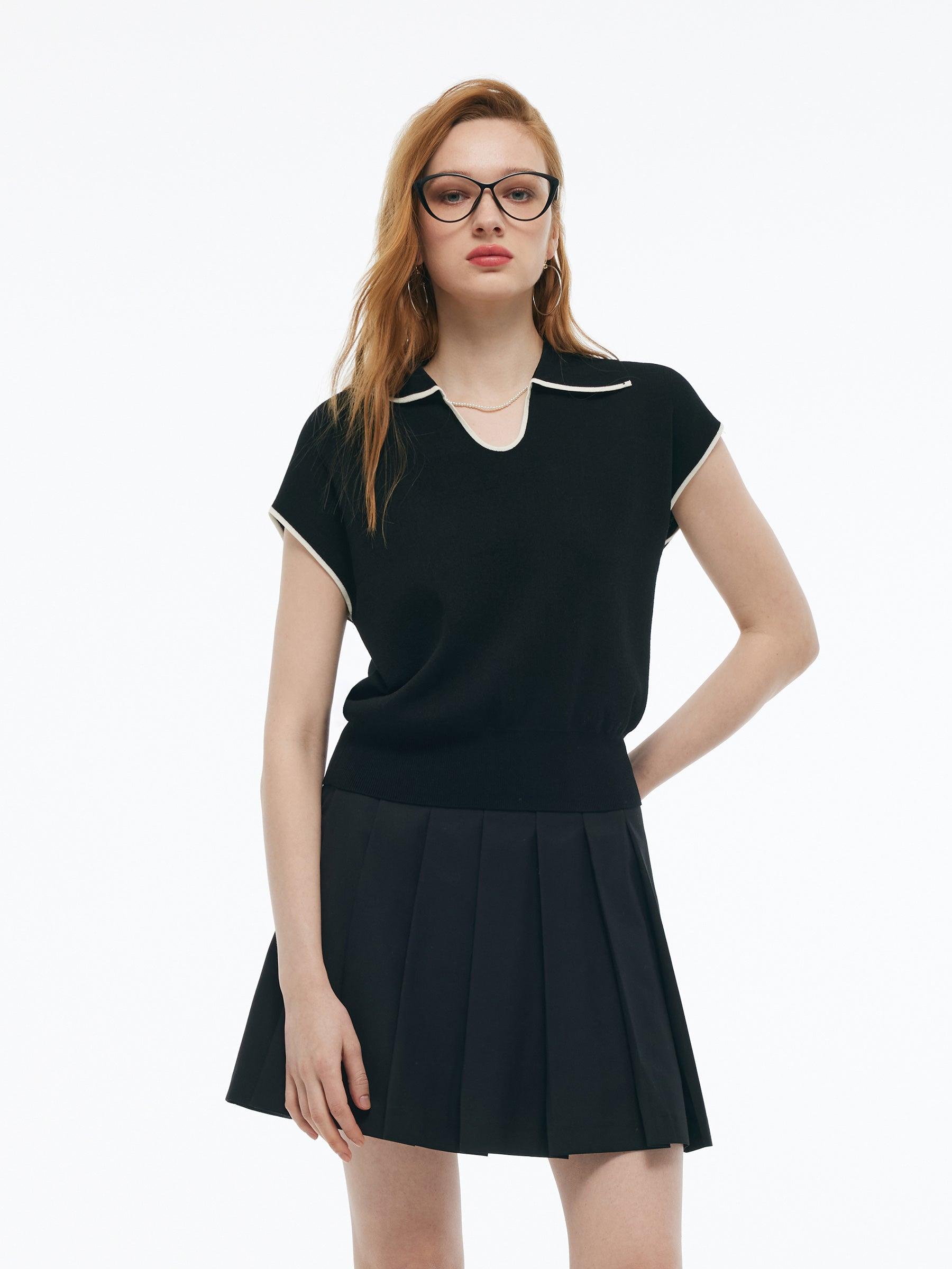 Tencel Blend Contrast Trim Women Knit Top Product Image