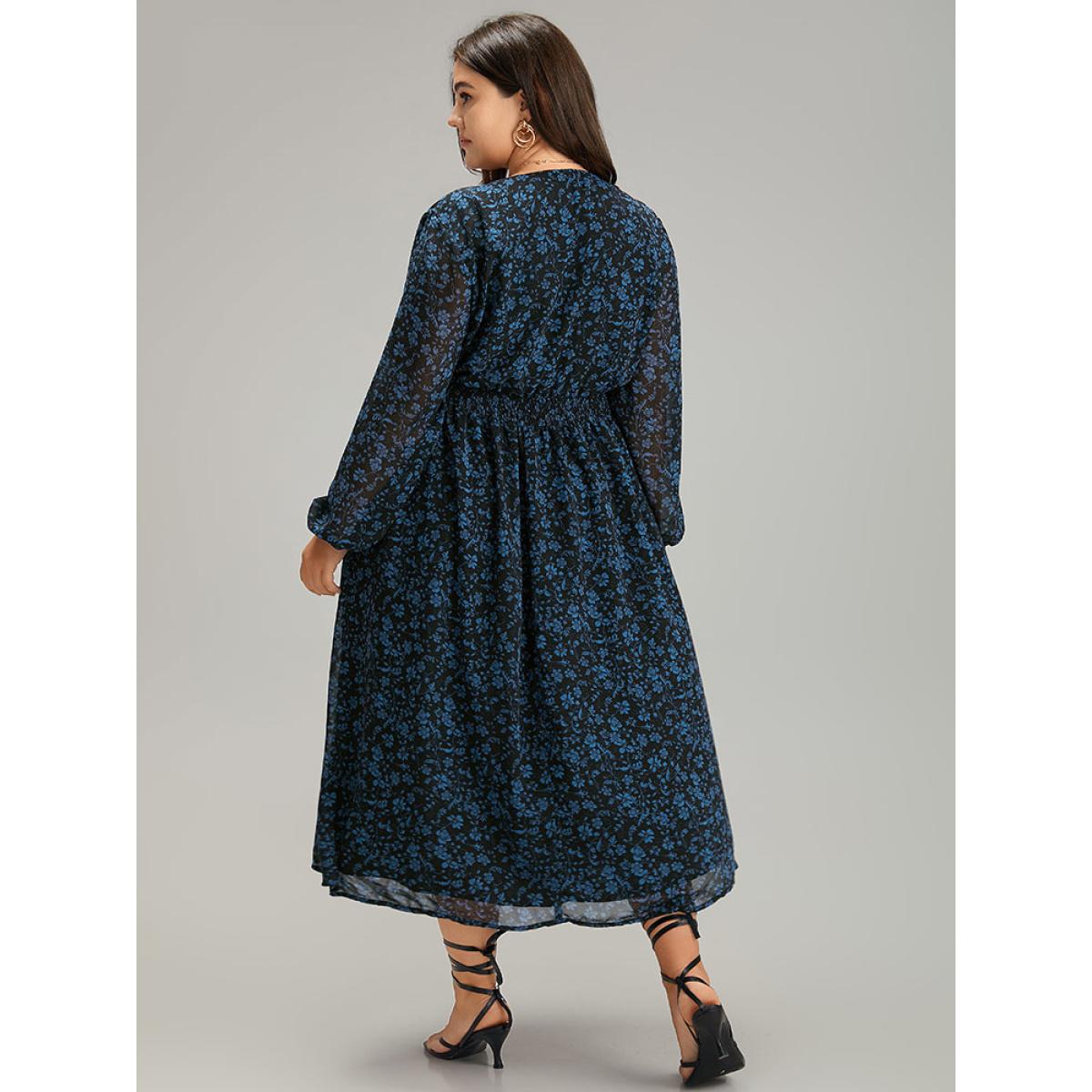 Plus Size Chiffon Ditsy Floral Pocket Shirred Cuffs Dress Black Women Elegant Elastic cuffs V-neck Long Sleeve Curvy Midi Dress BloomChic 12/L Product Image