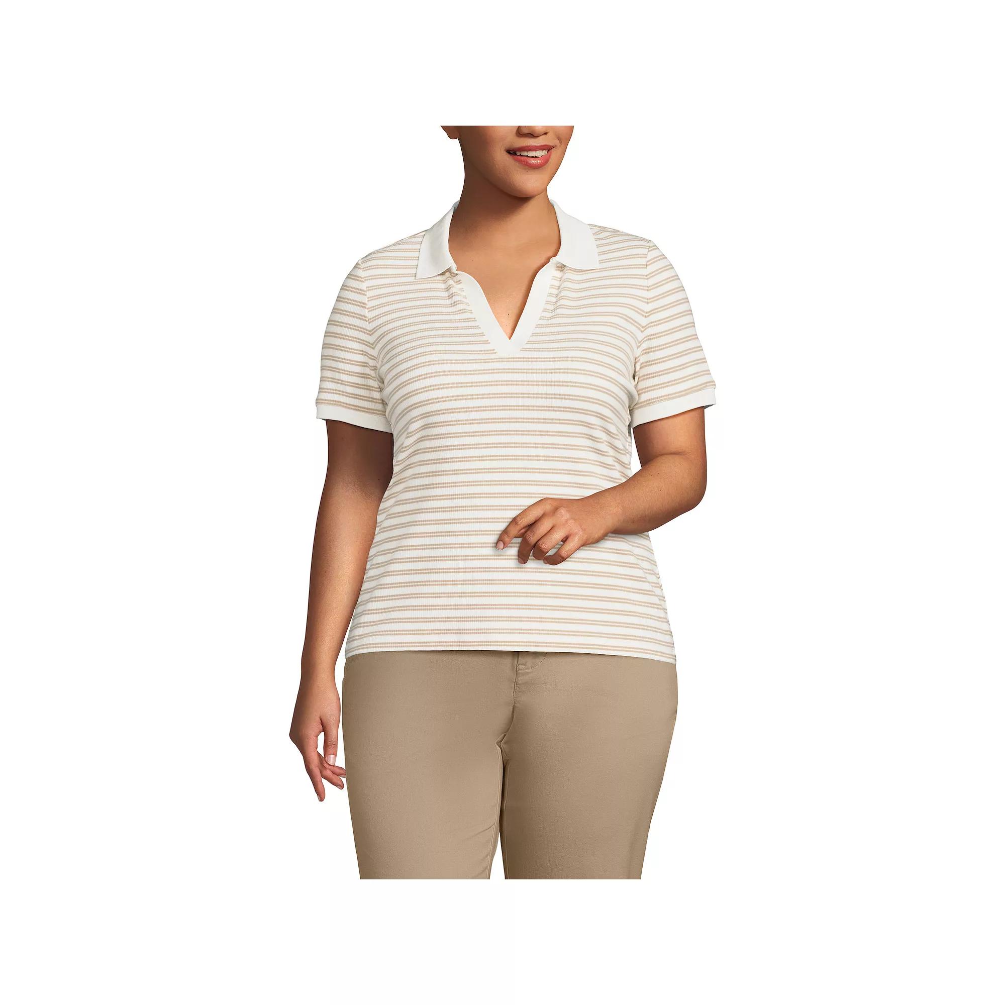 Plus Size Lands' End Short Sleeve Ribbed Polo, Women's, Size: 2XL, Blue Dual Stripe Product Image