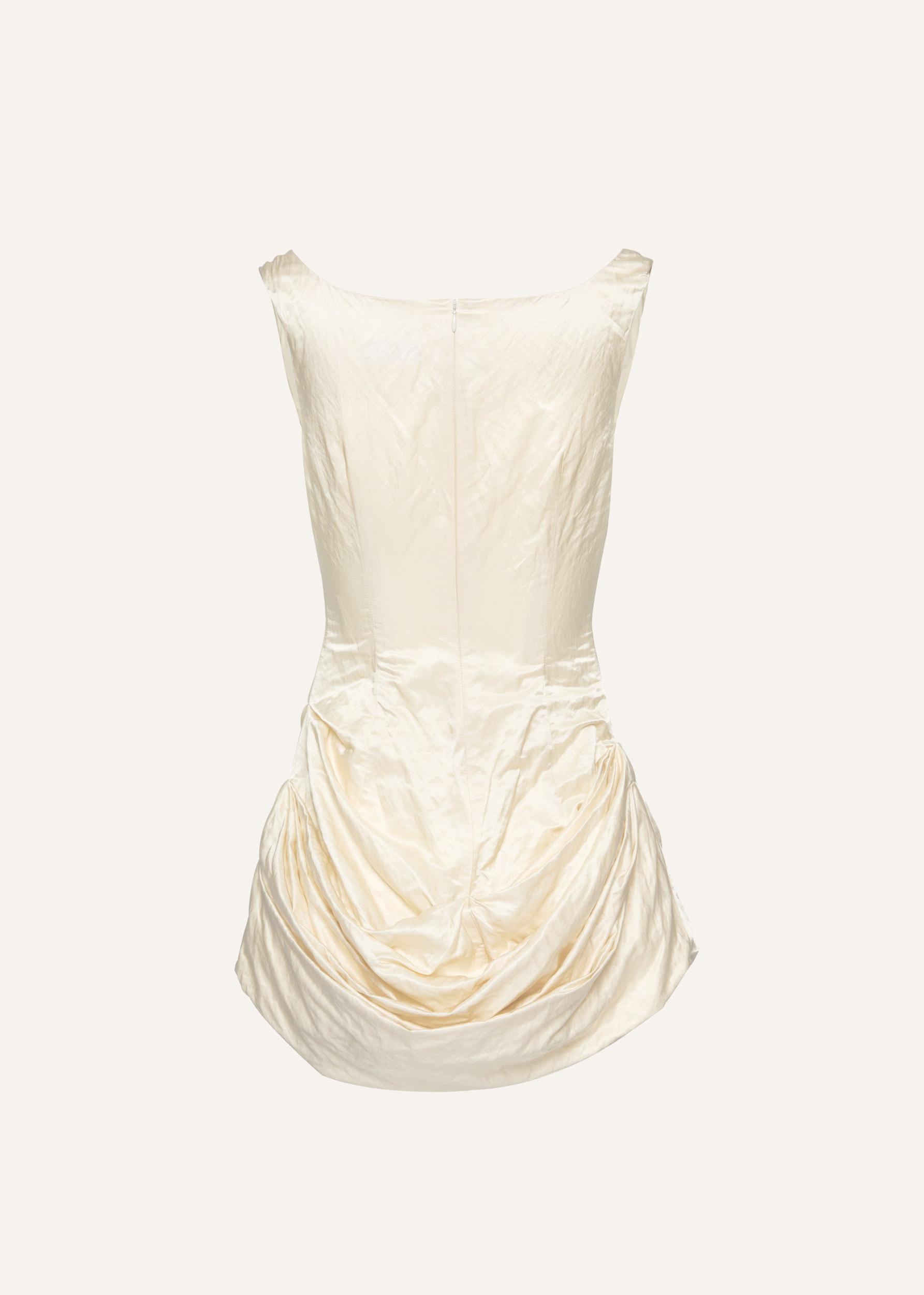 Round neck ruched cotton mini dress in cream Product Image