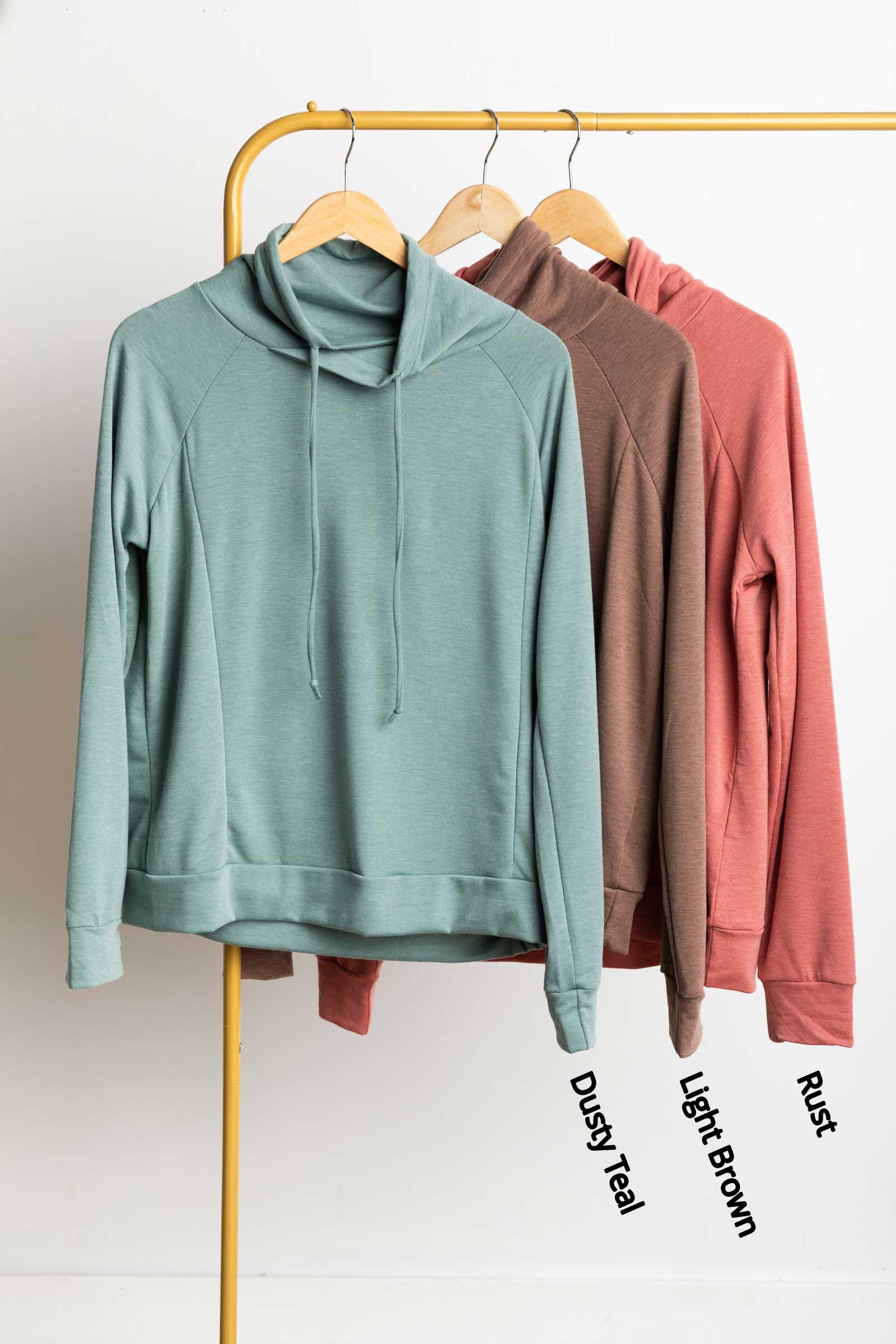 Drawstring Cowl Neck French Terry Knit Top Product Image