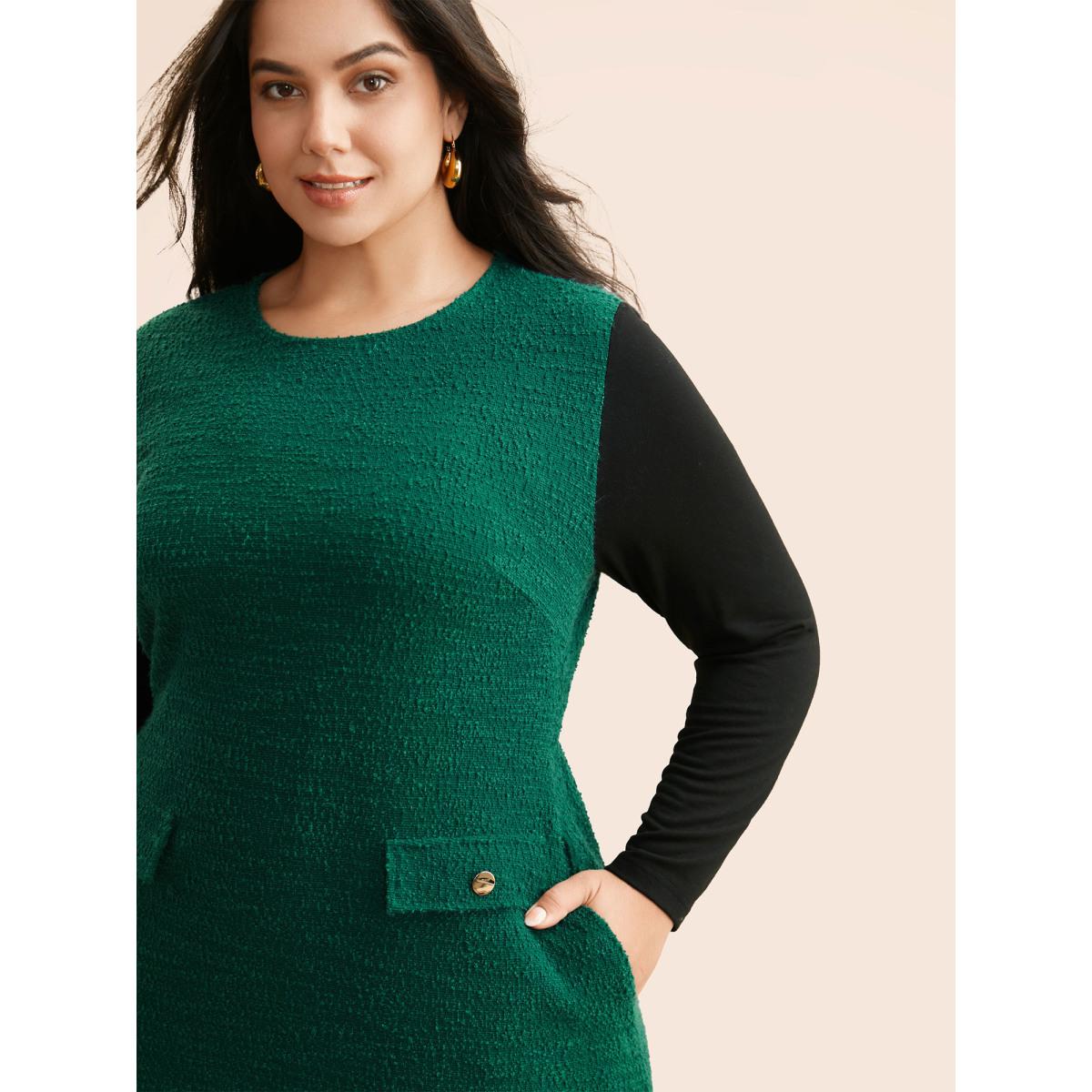 Plus Size Textured Patchwork Flap Detail Dress DarkGreen Women Elegant Texture Round Neck Long Sleeve Curvy BloomChic 28/5X Product Image