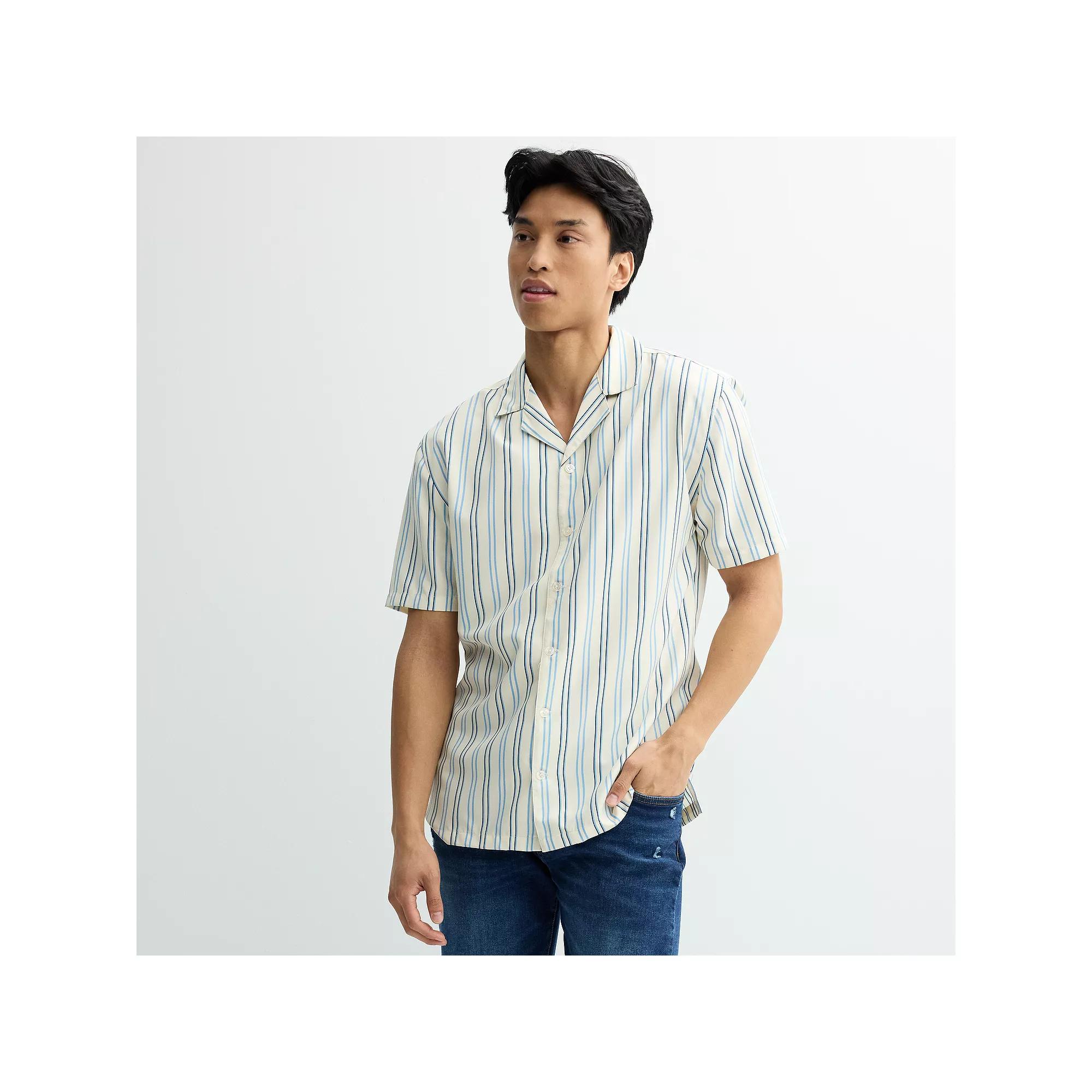 Men's Birch x Black Short-Sleeve Striped Woven Camp Shirt, Size: Large, Turtledove Product Image