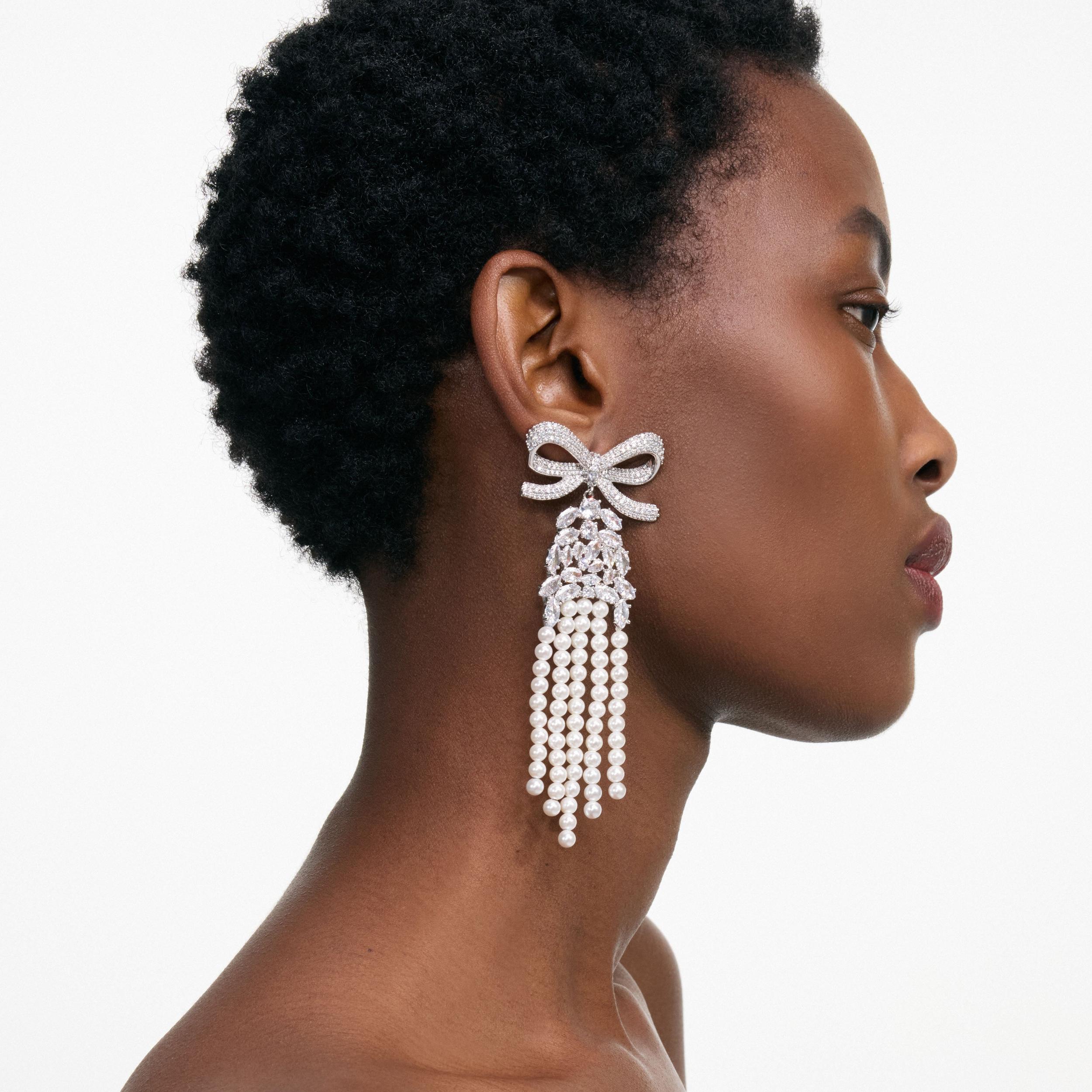 Crystal Bow Pearl Droplet Earrings Product Image