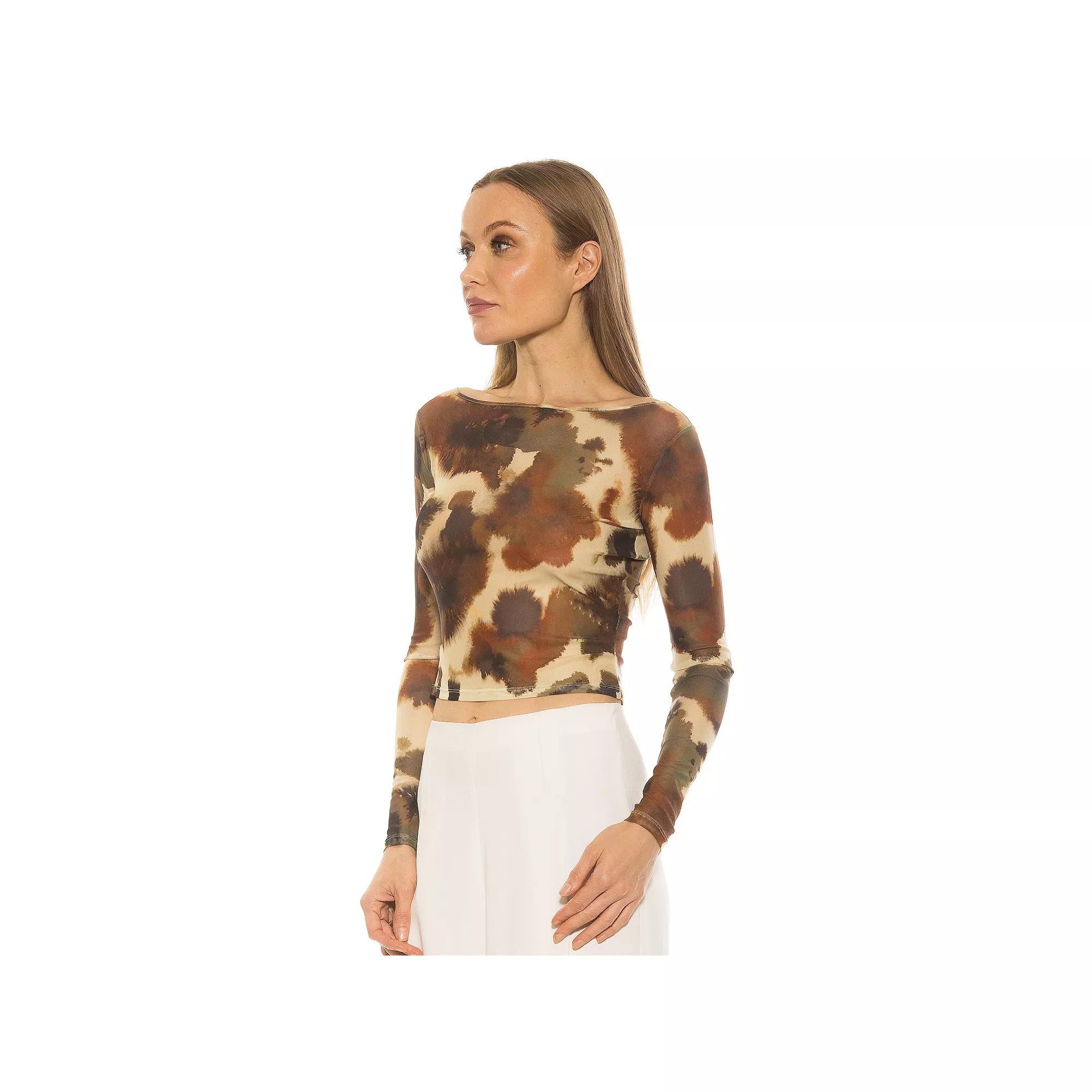 Women's ALEXIA ADMOR Opal Boatneck Sheer Mesh Long Sleeve Top, Size: Small, Green Abstract Product Image