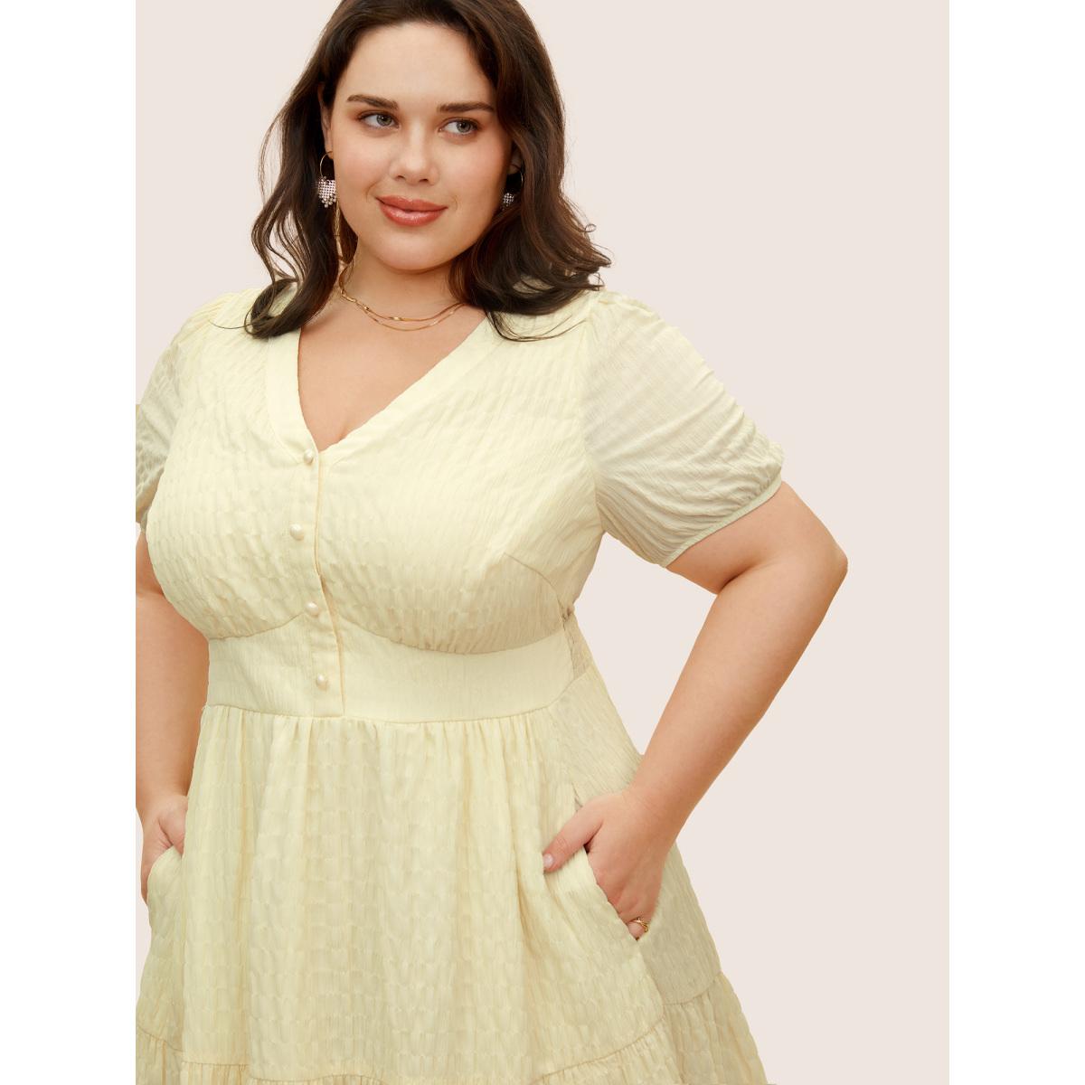 Plus Size V Neck Solid Textured Button Detail Dress Apricot Women Elegant Button V-neck Short sleeve Curvy BloomChic 10/M Product Image