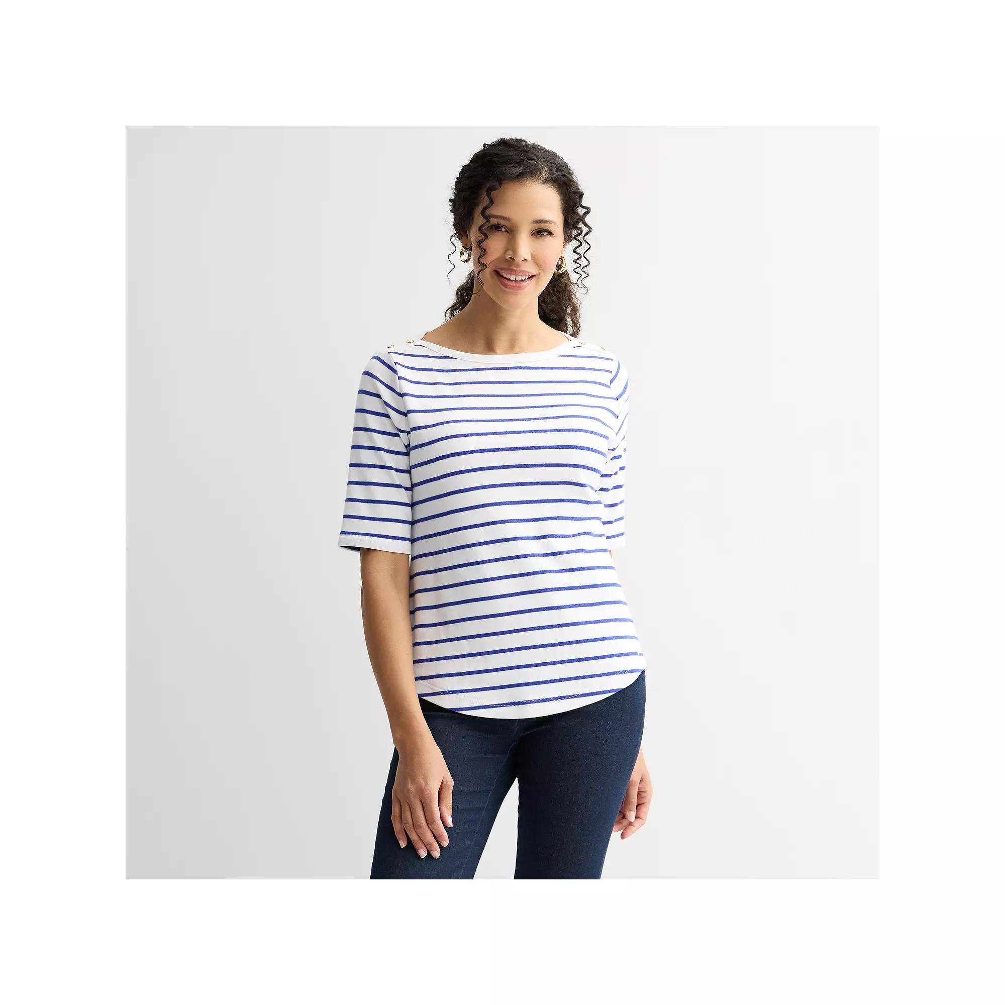 Women's Croft & Barrow® Binded Neck Bateau Elbow Sleeve T-Shirt, Size: Small, Blue White Stripe Product Image