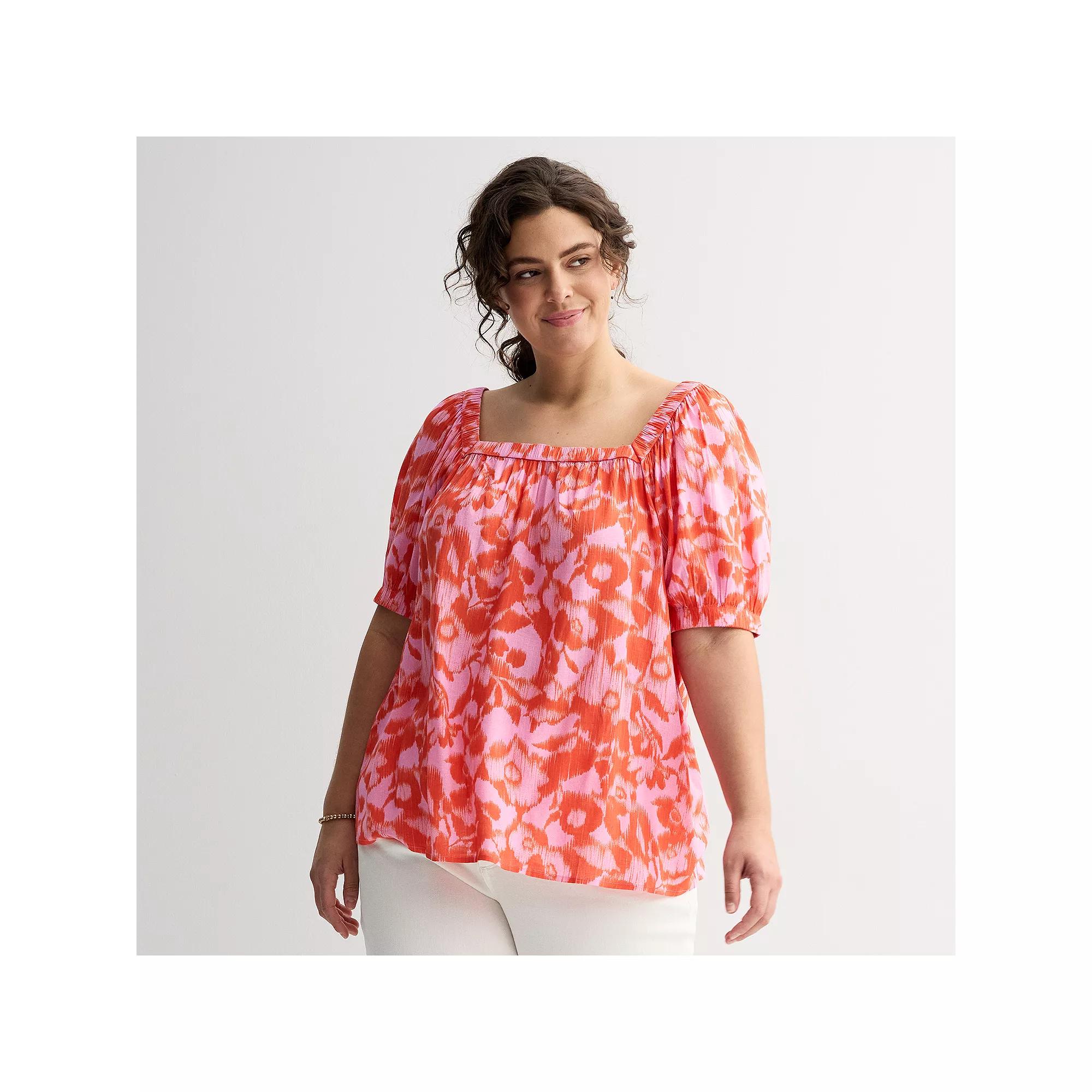 Plus Size Sonoma Goods For Life® Squareneck Peasant Top, Women's, Size: 2XL, Vivid Pink Floral Product Image