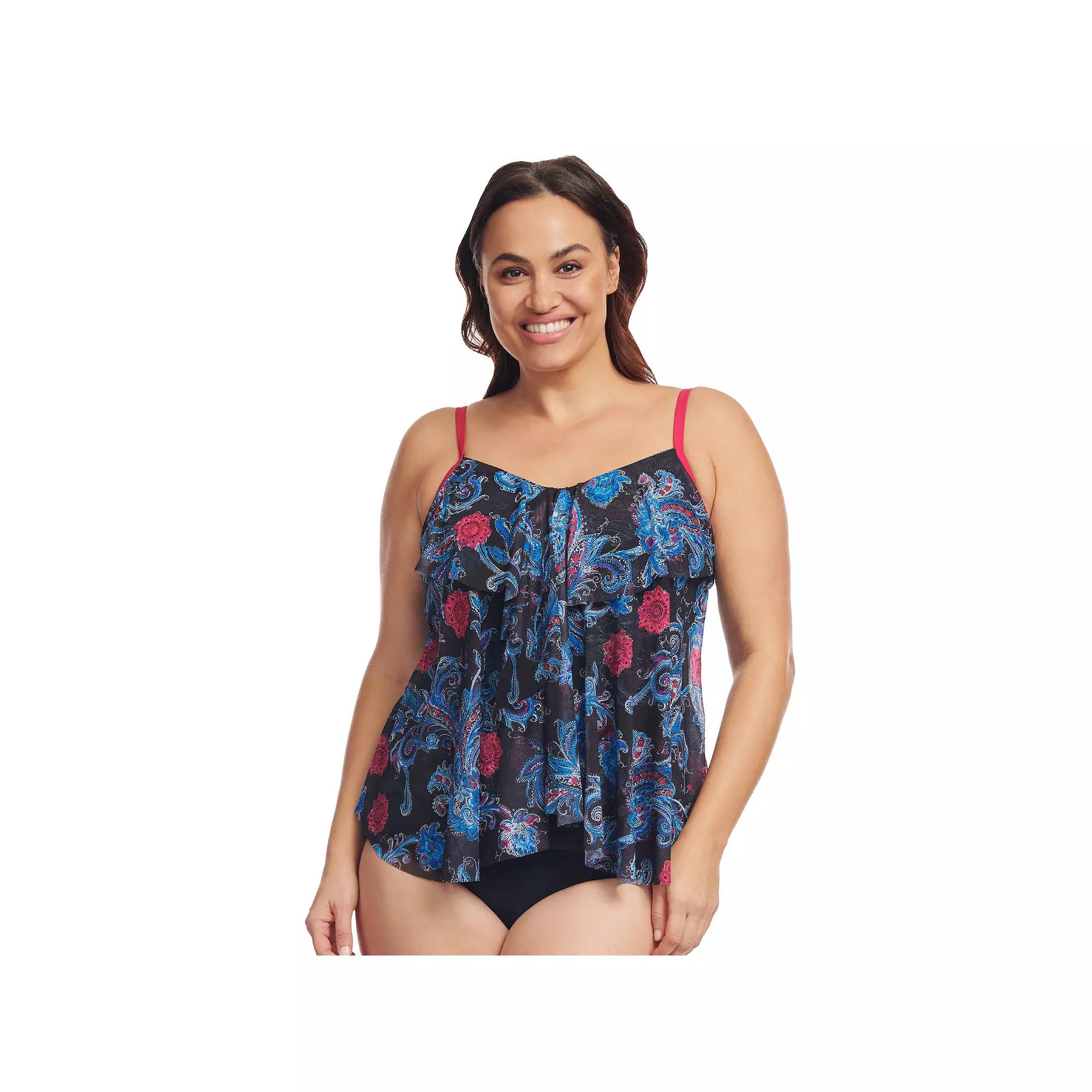 Plus Size Mazu Sea Breeze Paisley Draped Tier Mesh Tankini Swim Top, Women's, Size: 24 W, Black Linework Product Image