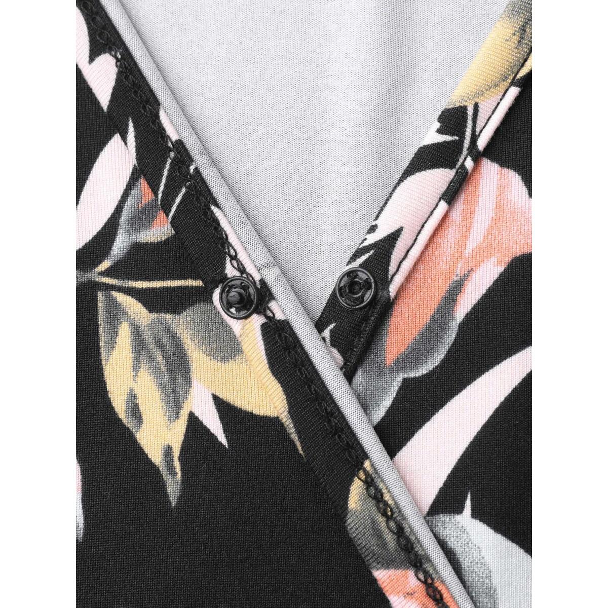 Plus Size Floral Panel Surplice Pockets Midi Dress Black Women Elegant Texture Overlap Collar Short sleeve Curvy BloomChic 12/L Product Image