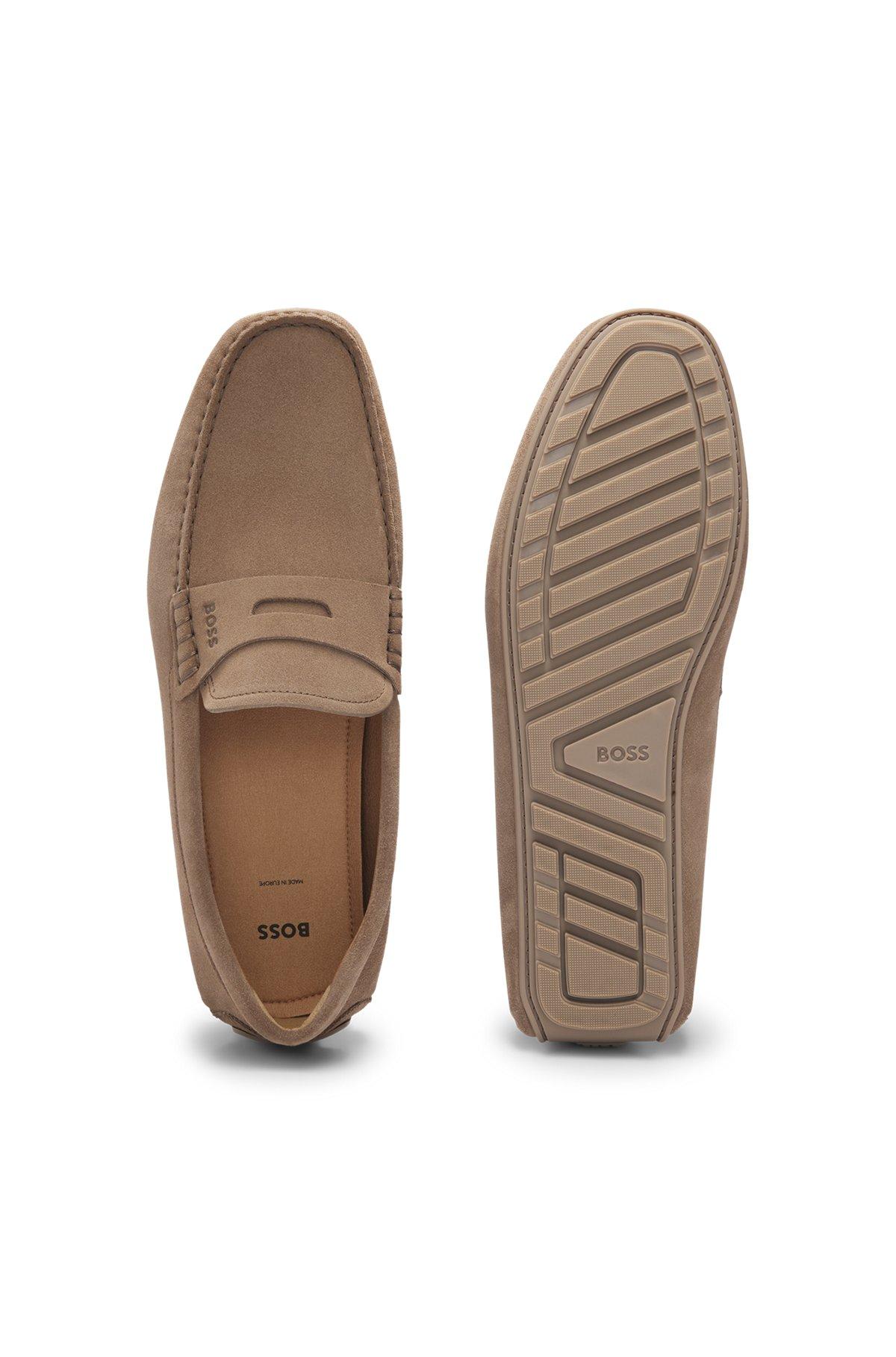 BOSS - Portuguese-crafted moccasin loafers in suede with penny trim - Beige Product Image