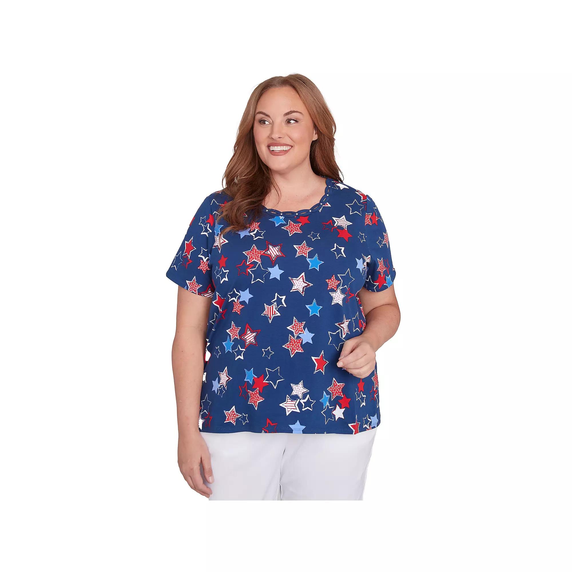 Plus Size Alfred Dunner Star Studded Tee, Women's, Size: 2XL, Blue Product Image