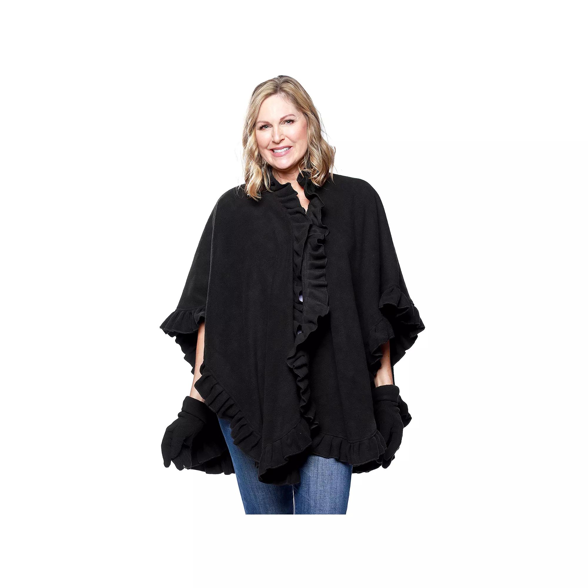 Women's Le Moda Ruffled Knit Fleece Wrap with Matching Gloves, Black Product Image