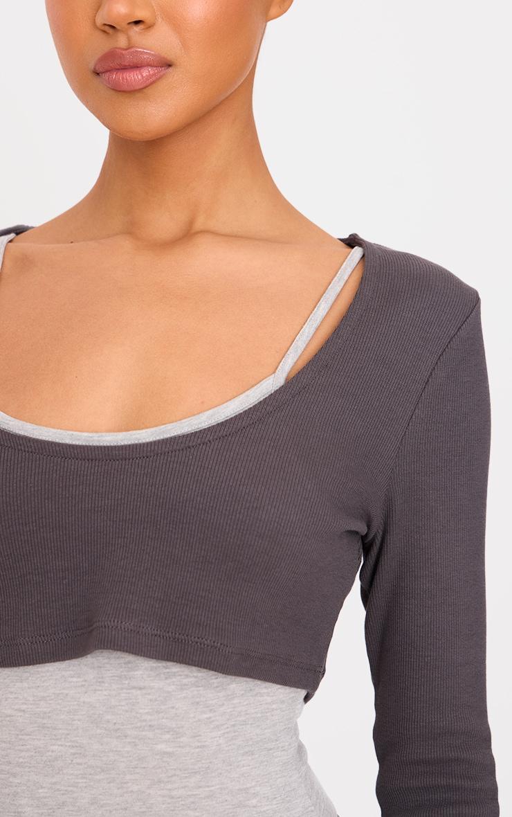 Charcoal Overlay Detail Ribbed Long Sleeve Bodysuit Product Image