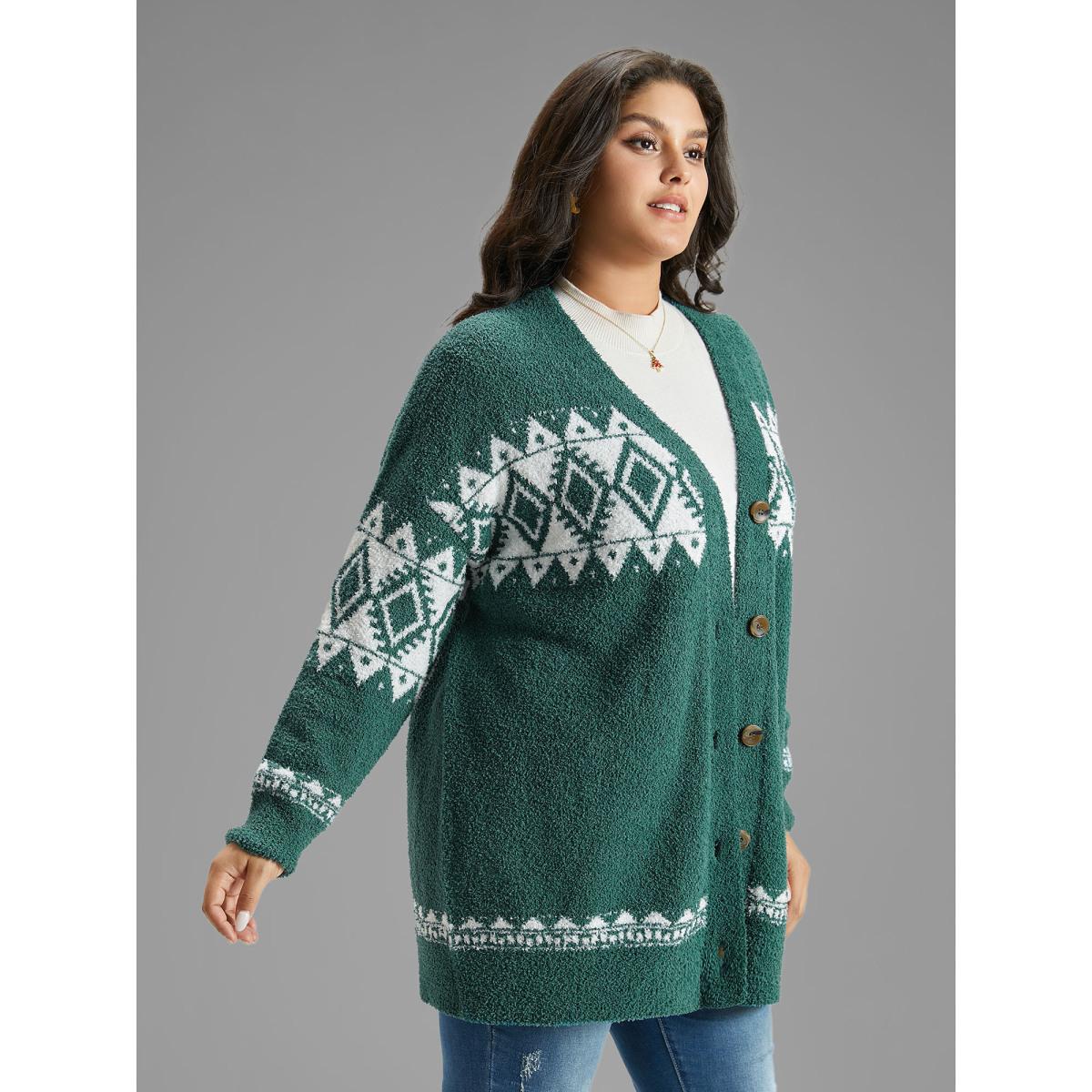 Plus Size Fuzzy Geo Graphic Button Fly Cardigan DarkGreen Women Casual Loose Long Sleeve Festival-Christmas Cardigans BloomChic 26/4X Product Image