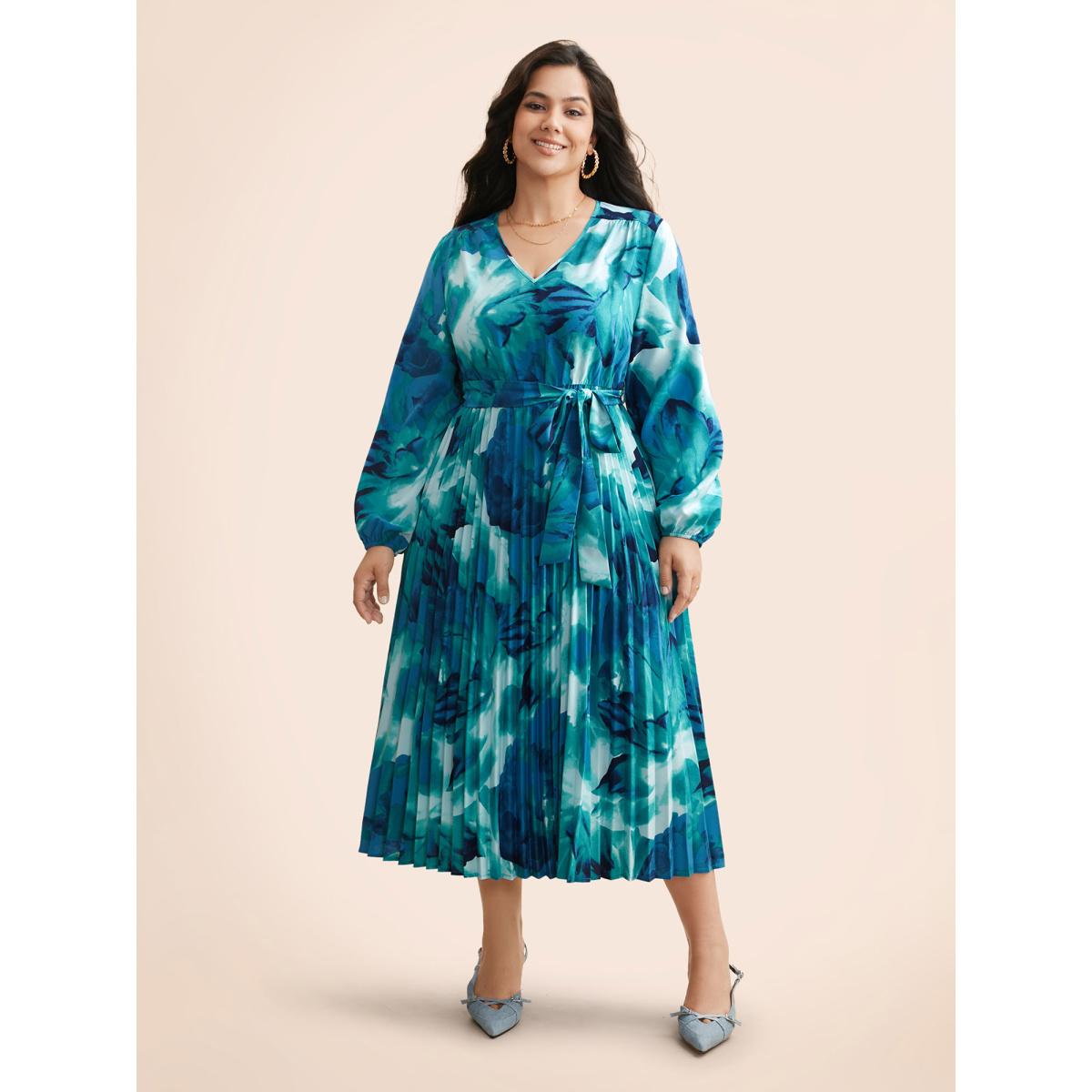 Plus Size Watercolor Floral Pleated Belted Dress DarkBlue Women Elegant Belted V-neck Long Sleeve Curvy BloomChic 22-24/3X Product Image