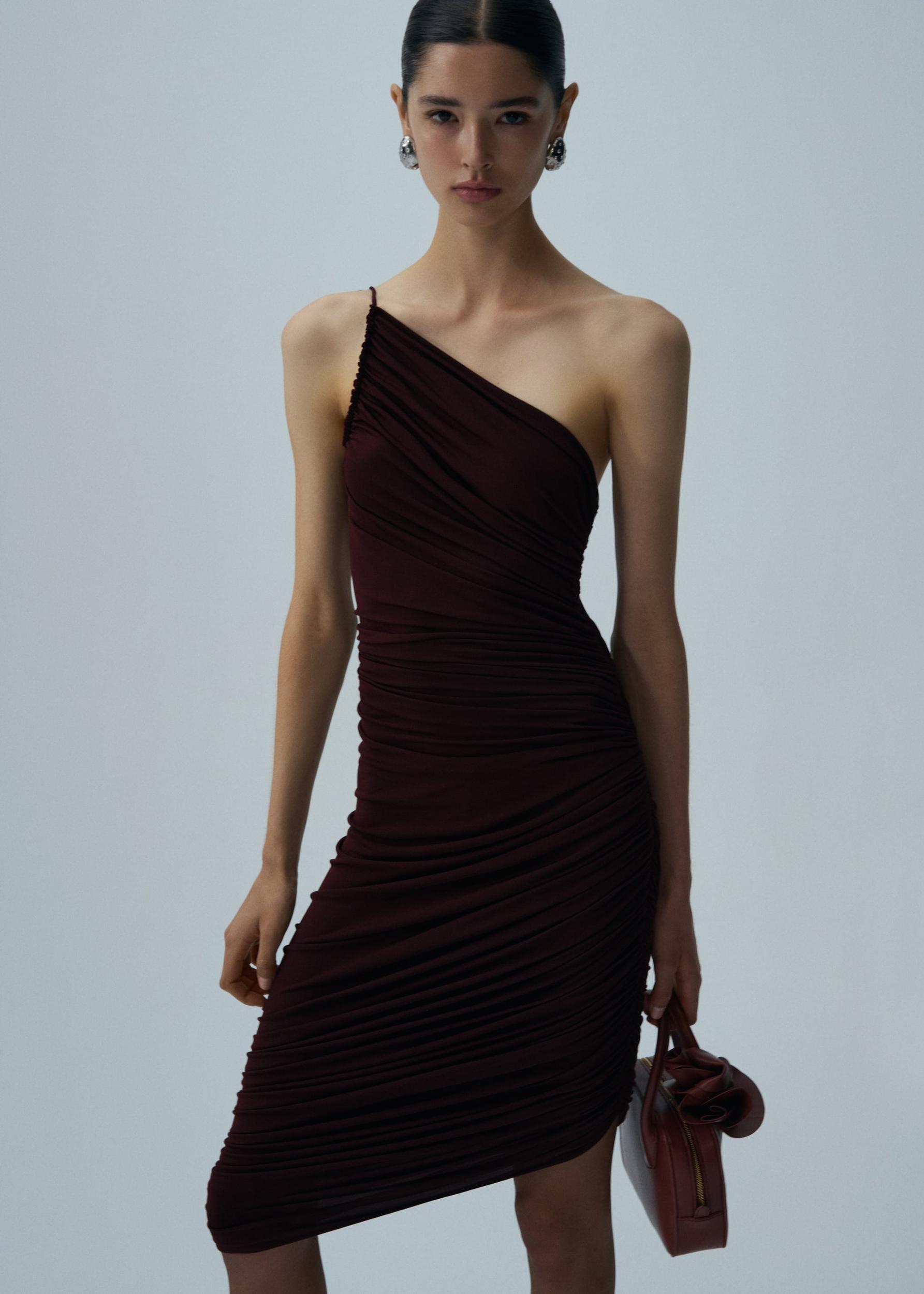 Asymmetrical draped midi dress in bordeaux Product Image