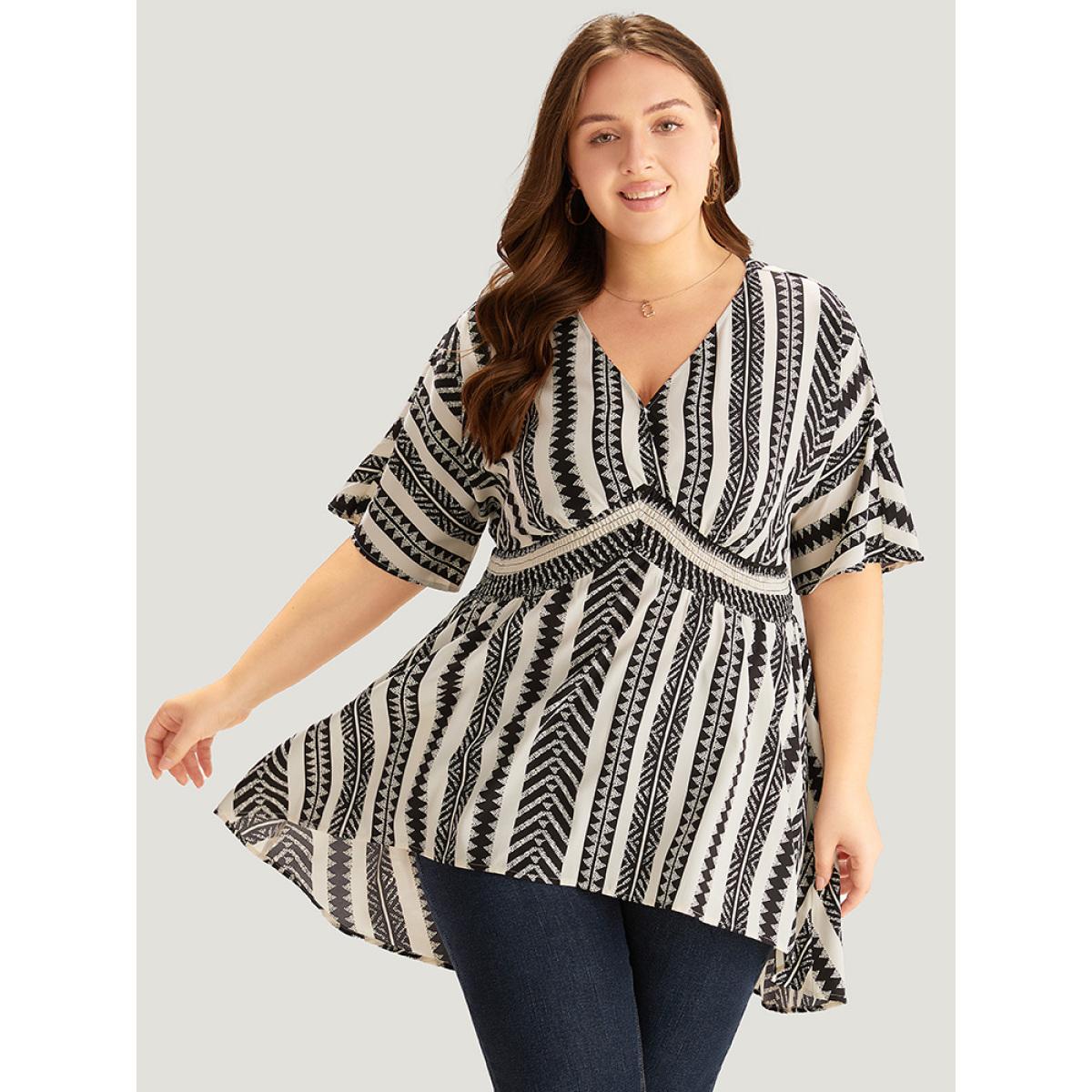 Plus Size White Bandana Print High Low Hem Patchwork Blouse Women Elegant Short sleeve Deep V-neck Vacation Blouses BloomChic 22-24/3X Product Image