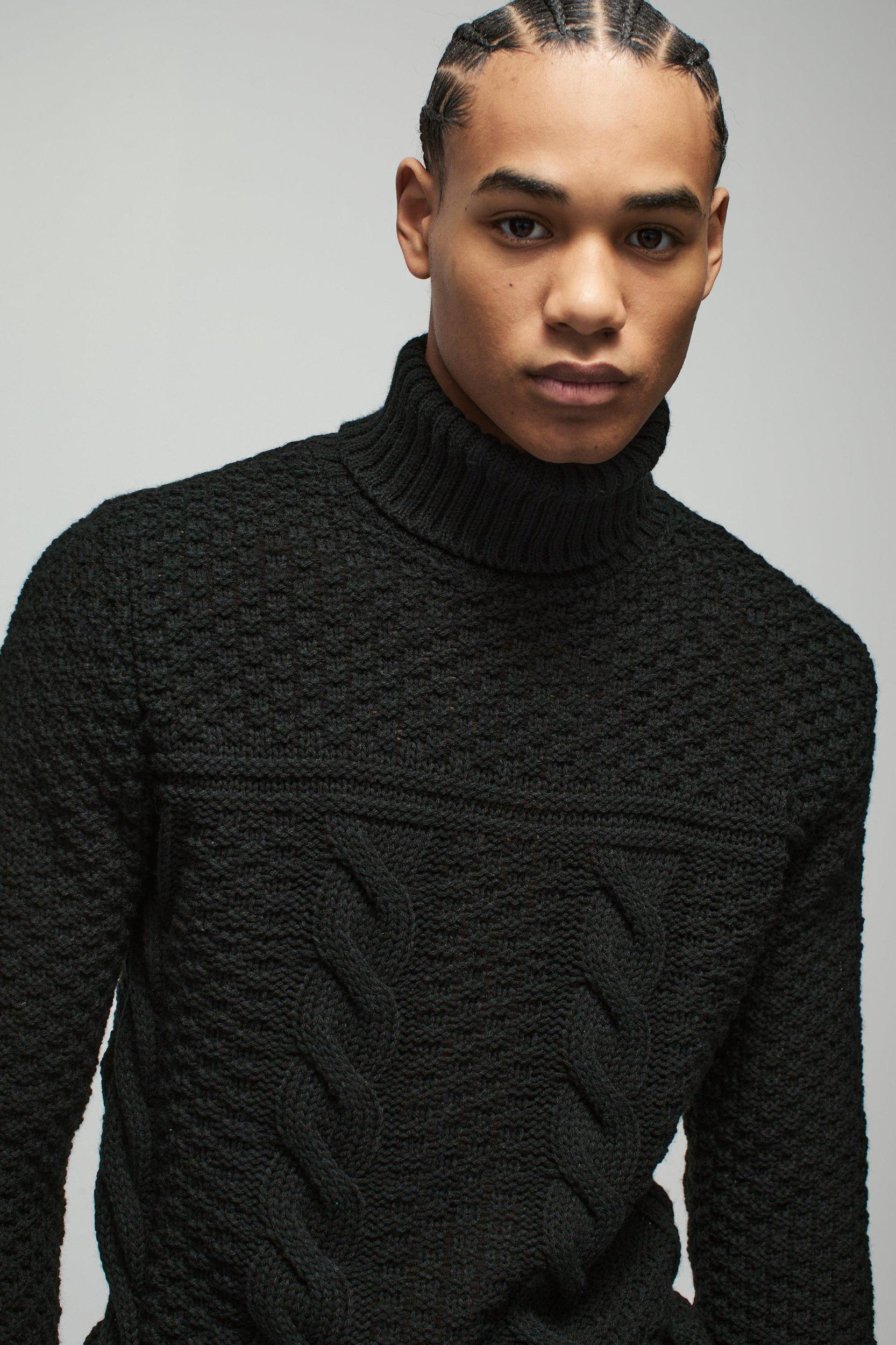 Regular Cable Knit Panel Roll Neck Knitted Sweater | boohooMAN USA Product Image