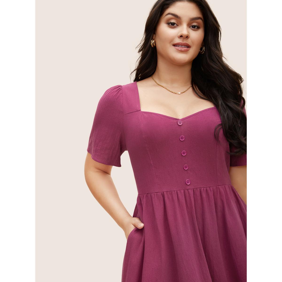 Plus Size Cotton Square Neckline Midi Dress RedViolet Women Elegant Texture Heart neckline Short sleeve Curvy BloomChic 28/5X Product Image