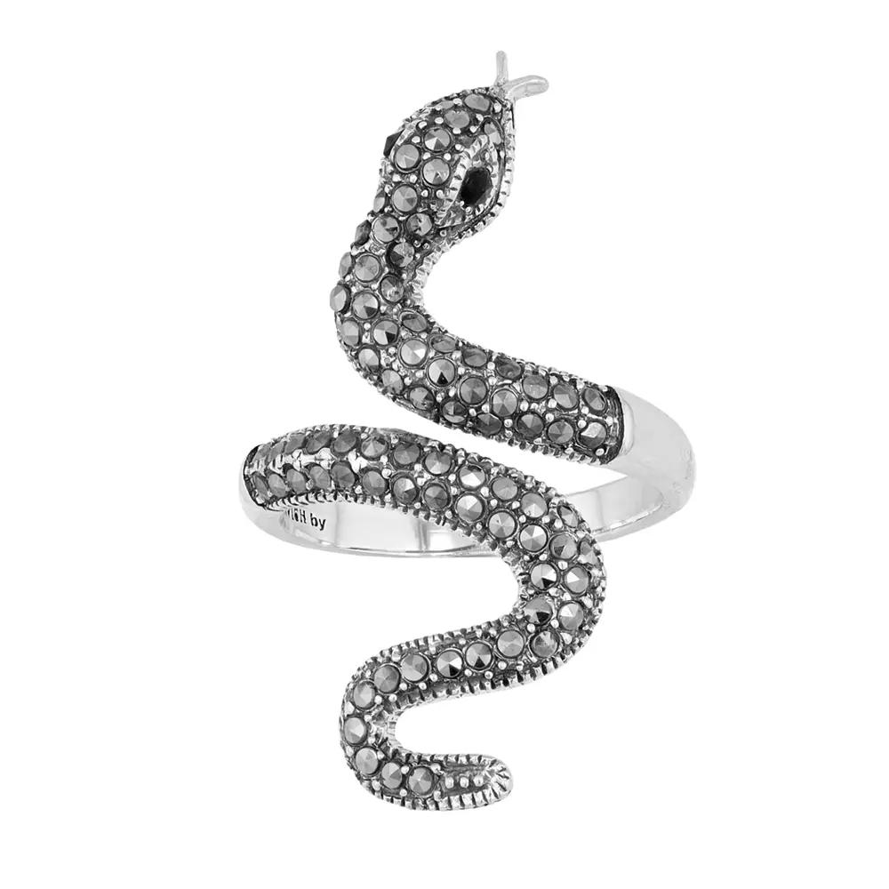 Lavish by TJM Sterling Silver Black Spinel & Marcasite Serpent Ring, Women's, Size: 7 Product Image