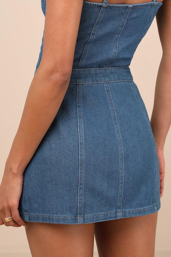 Kamile Blue Chambray Button-Front High-Rise Mini Skirt Product Image
