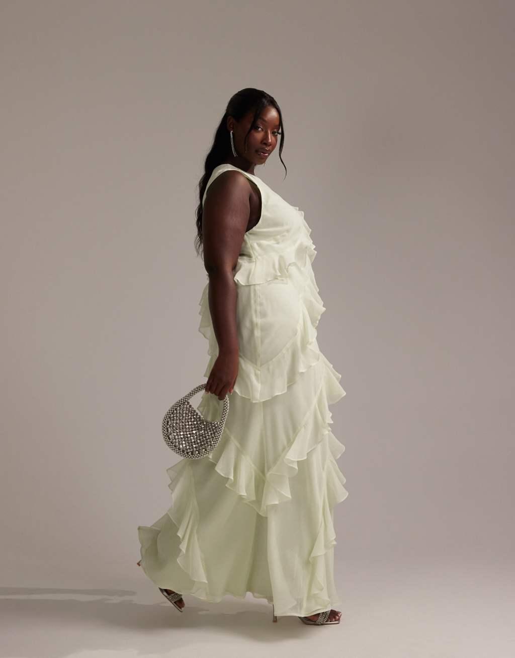 ASOS DESIGN Curve Bridesmaids racer neck bias cut ruffle maxi dress in light green Product Image