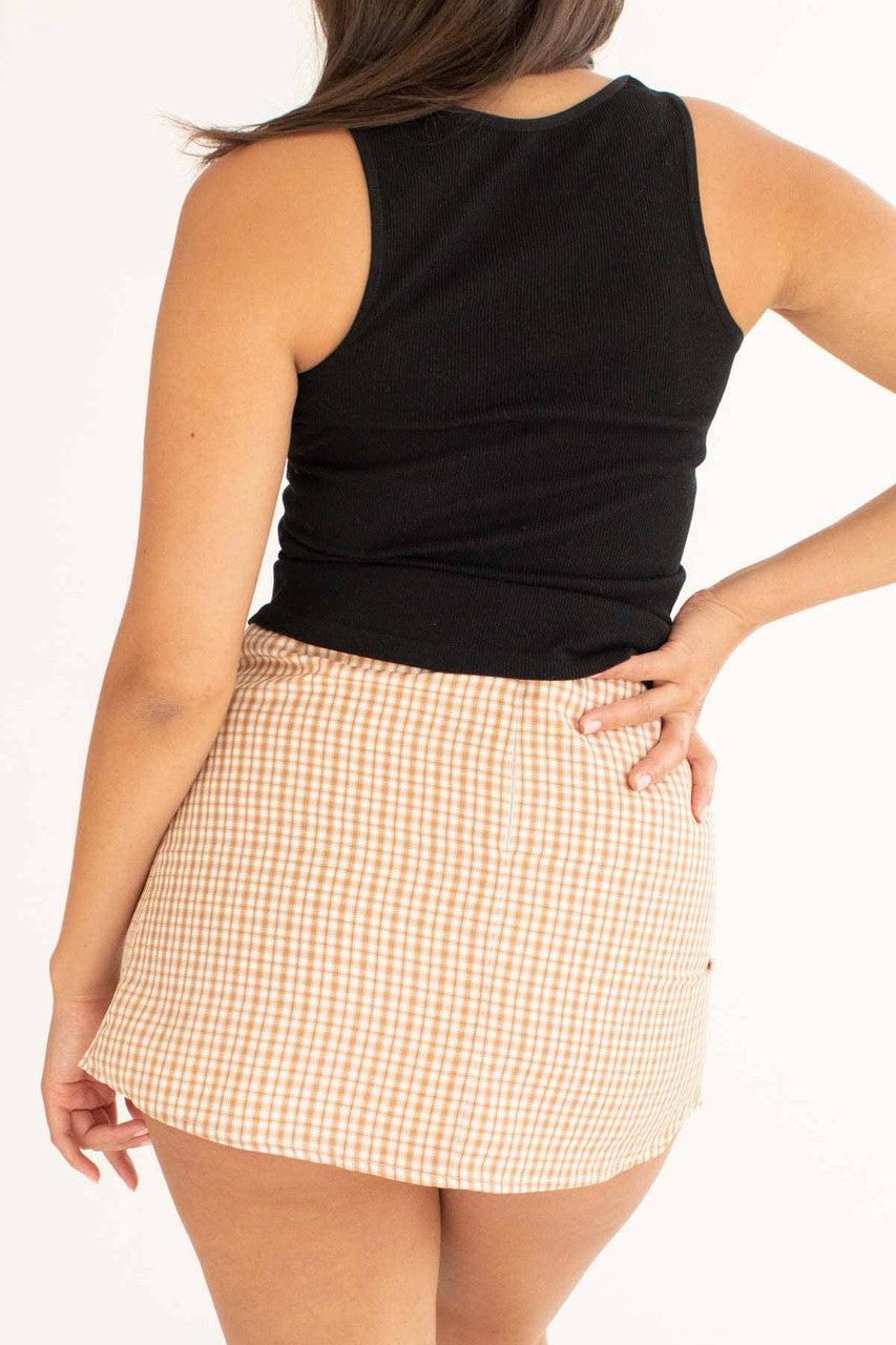 Taupe Plaid Thigh Slit Mini Skirt Product Image