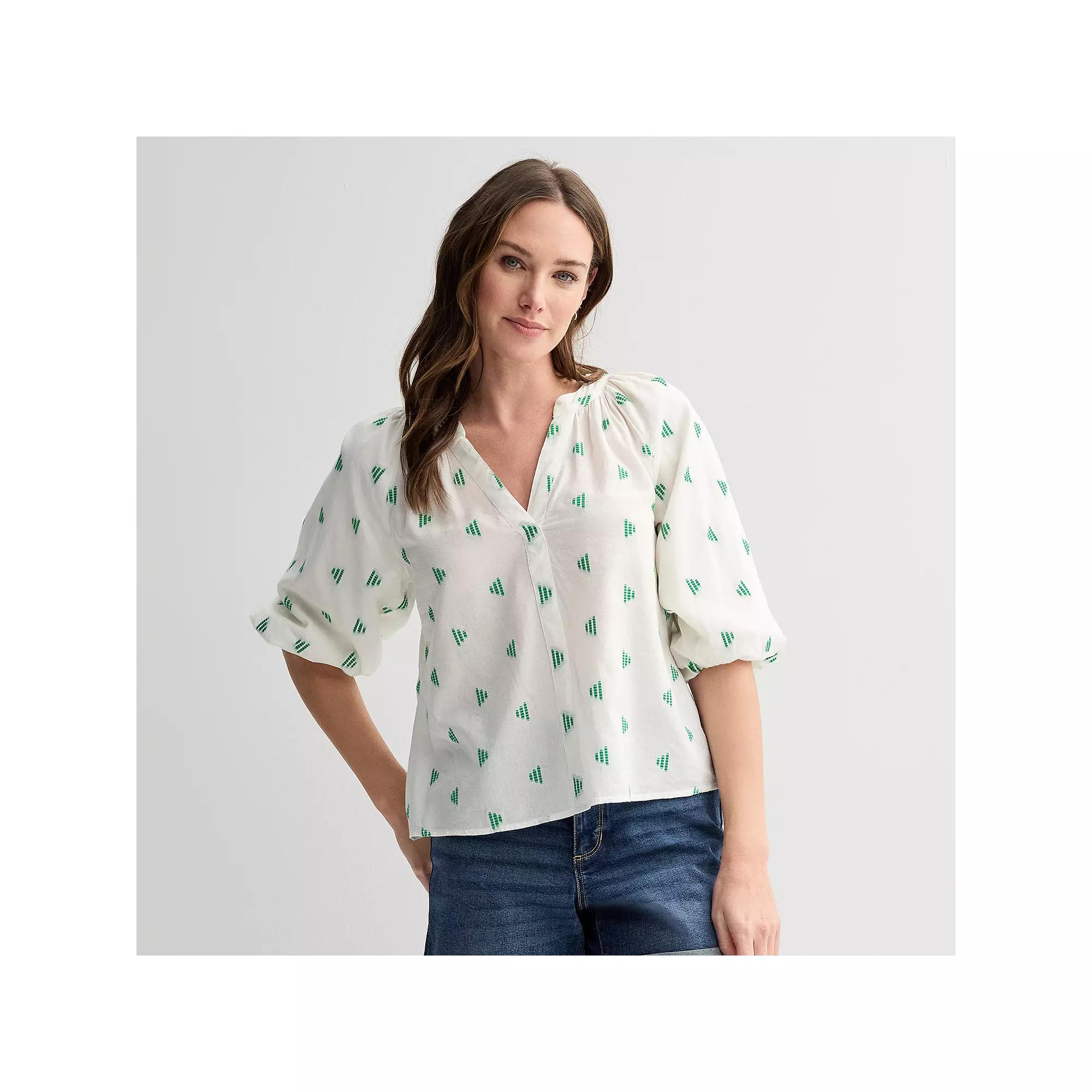 Women's Sonoma Goods For Life® Shirred Balloon Sleeve Y-Neck Top, Size: XXL, Green Dobby Product Image