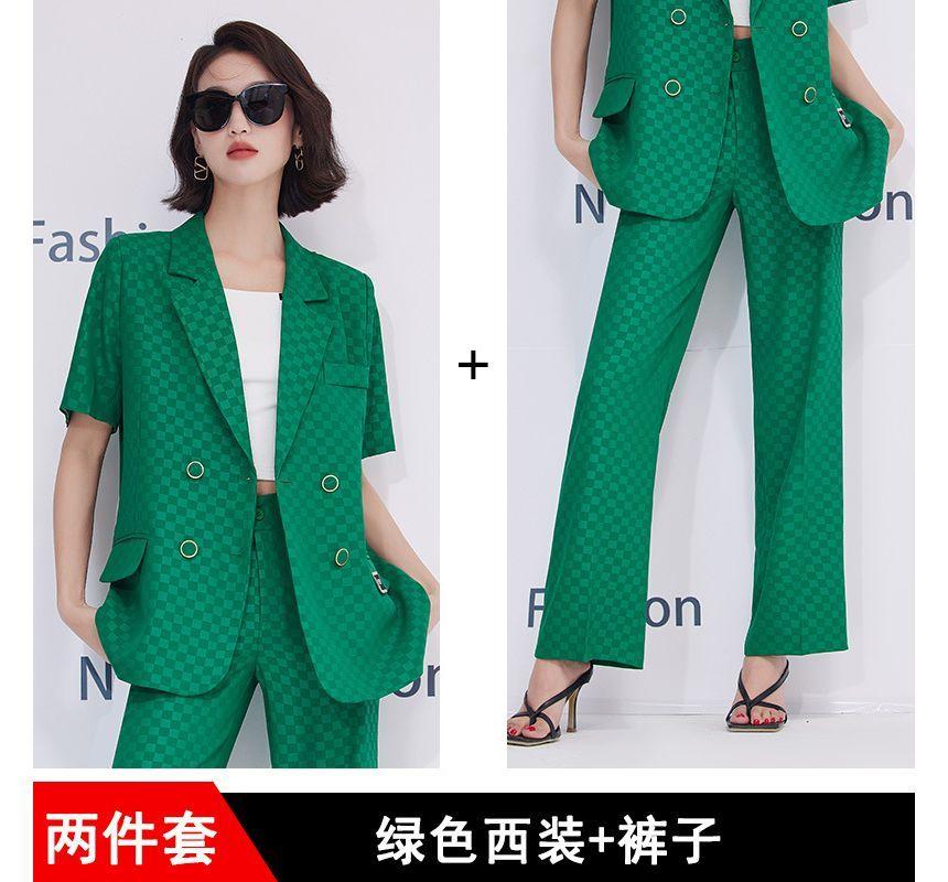 Plaid Double Breasted Blazer / Pleated Skirt / Slacks / Set Product Image