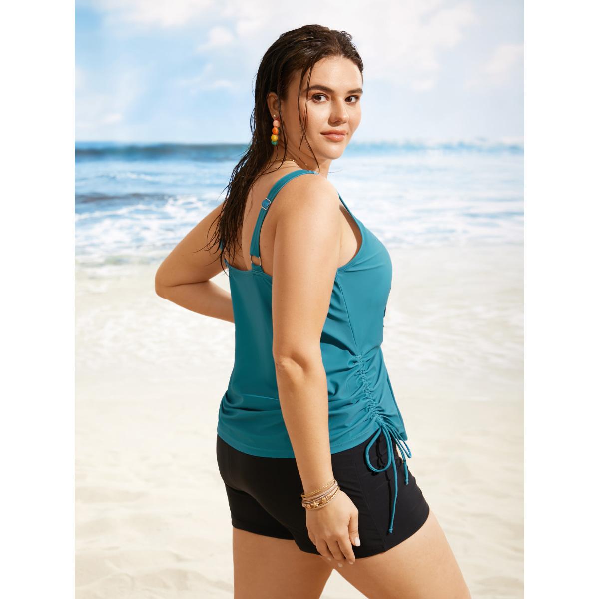 Plus Size Island Print Drawstring Adjustable Swim Top Women's Swimwear Teal Resort Contrast High stretch Loose U-neck Curve Swim Tops BloomChic 12/L Product Image