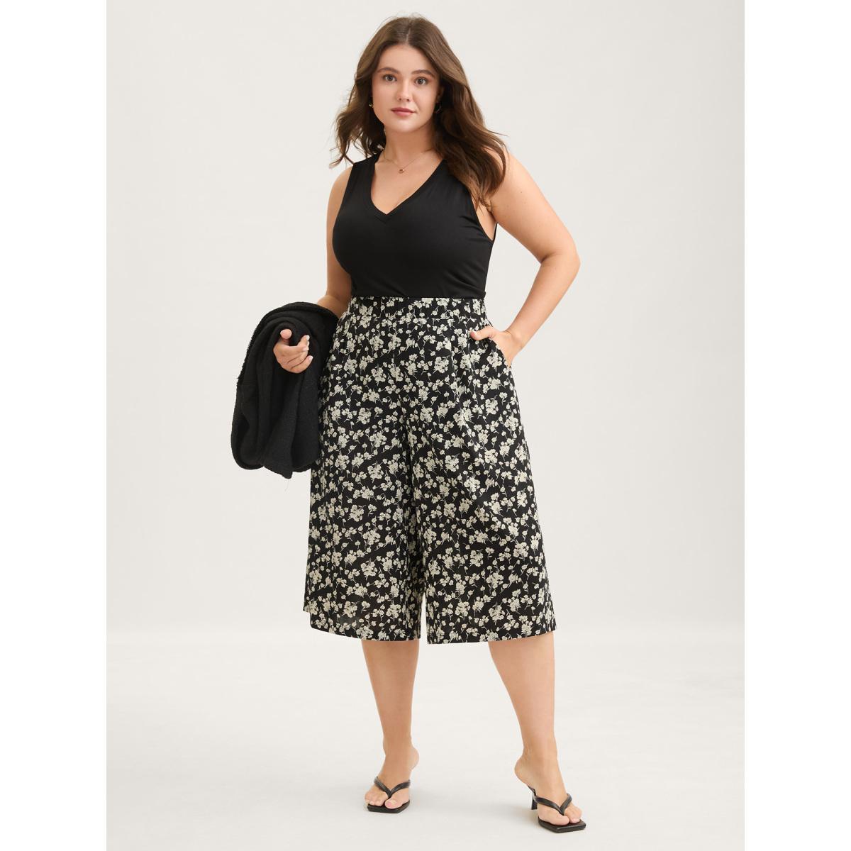 Plus Size Floral Print Wide-Leg Cropped Pants Women BlackFlower Loose Mid Rise Elegant Pants BloomChic 14-16/1X Product Image