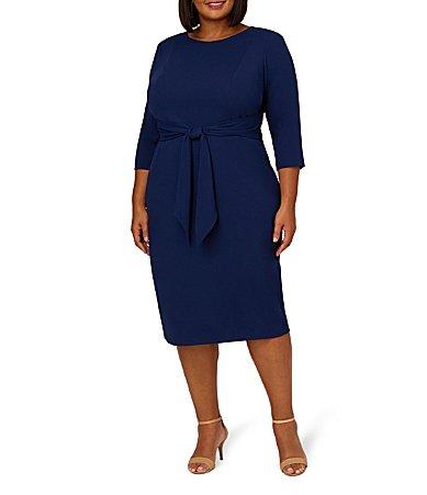 Adrianna Papell Plus Size Crepe Knit Tie Waist 34 Sleeve Round Neck Sheath Dress Product Image