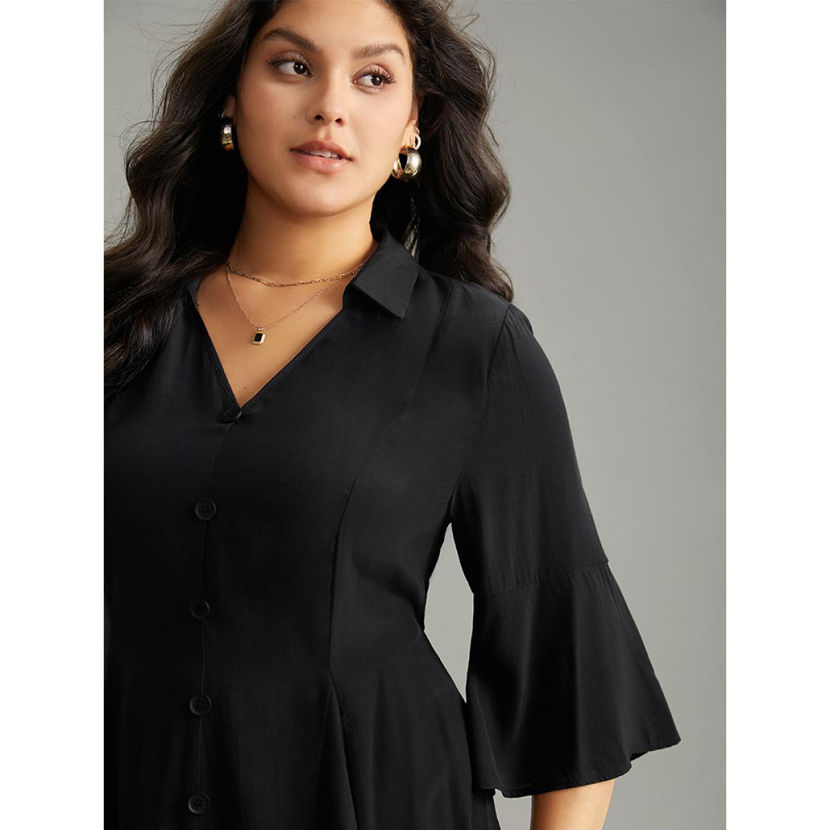 Plus Size Black Plain Button Detail Bell Sleeve Blouse Women Office Elbow-length sleeve Shirt collar Work Blouses BloomChic 10/M Product Image