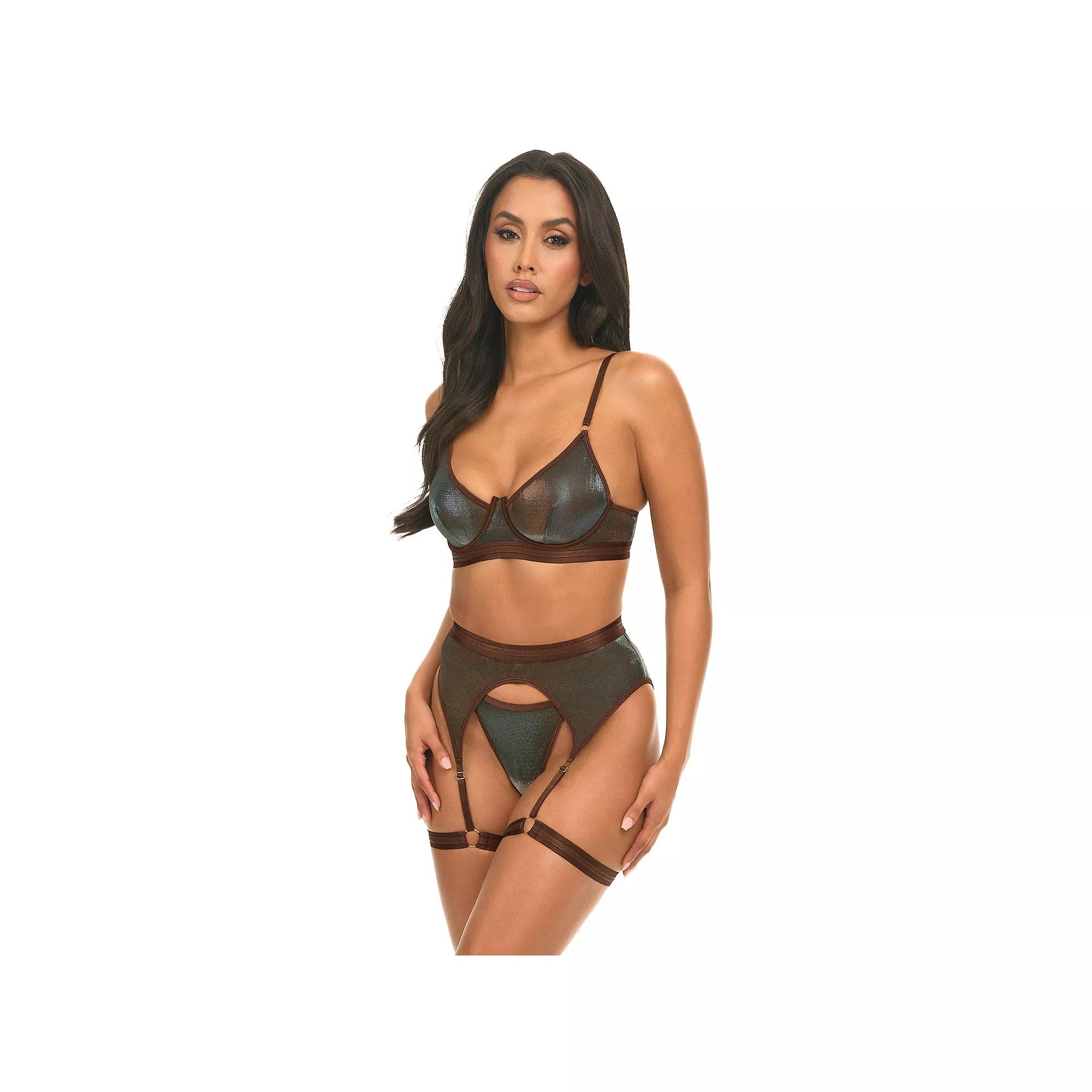 Women's Oh La La Cheri Jade 3-pc. Bra, Panty & Garter Belt Lingerie Set 41-11378, Size: Medium, Brown Product Image