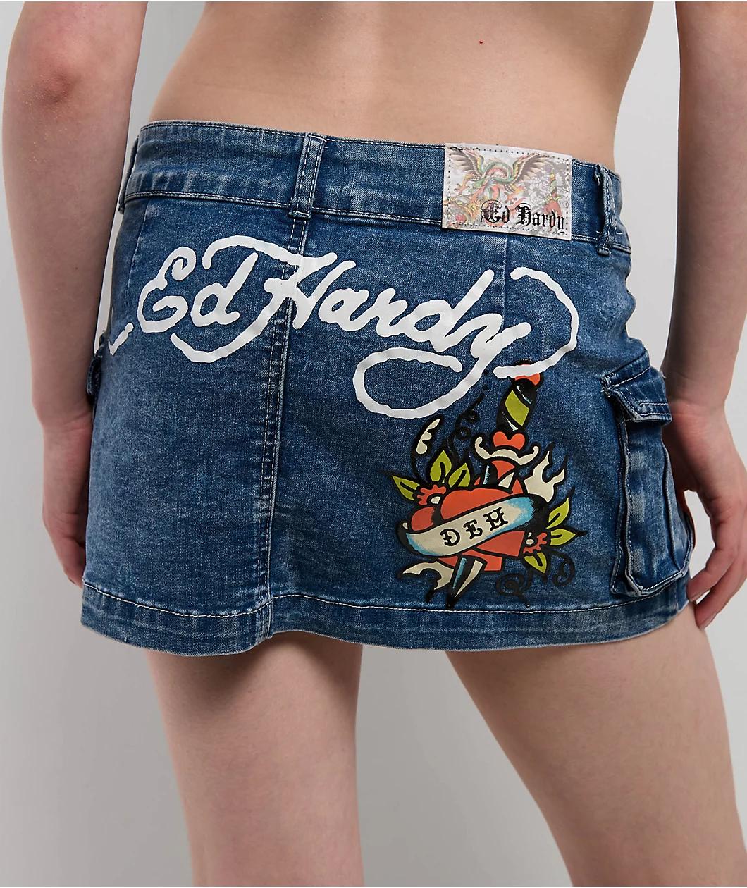 Ed Hardy Heart Dagger Light Wash Denim Cargo Mini Skirt Product Image