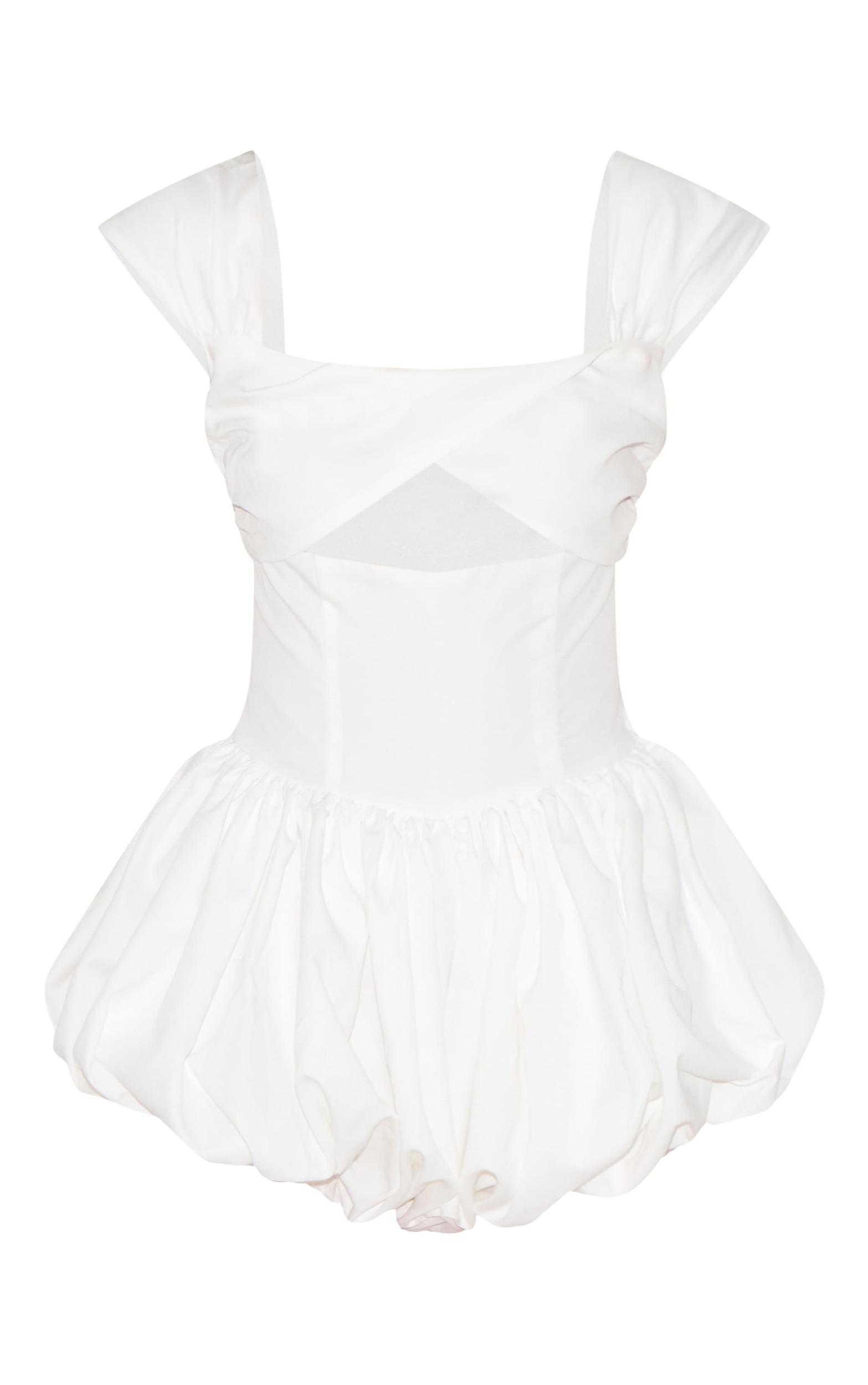 White Woven Puffball Cap Sleeve Romper Product Image