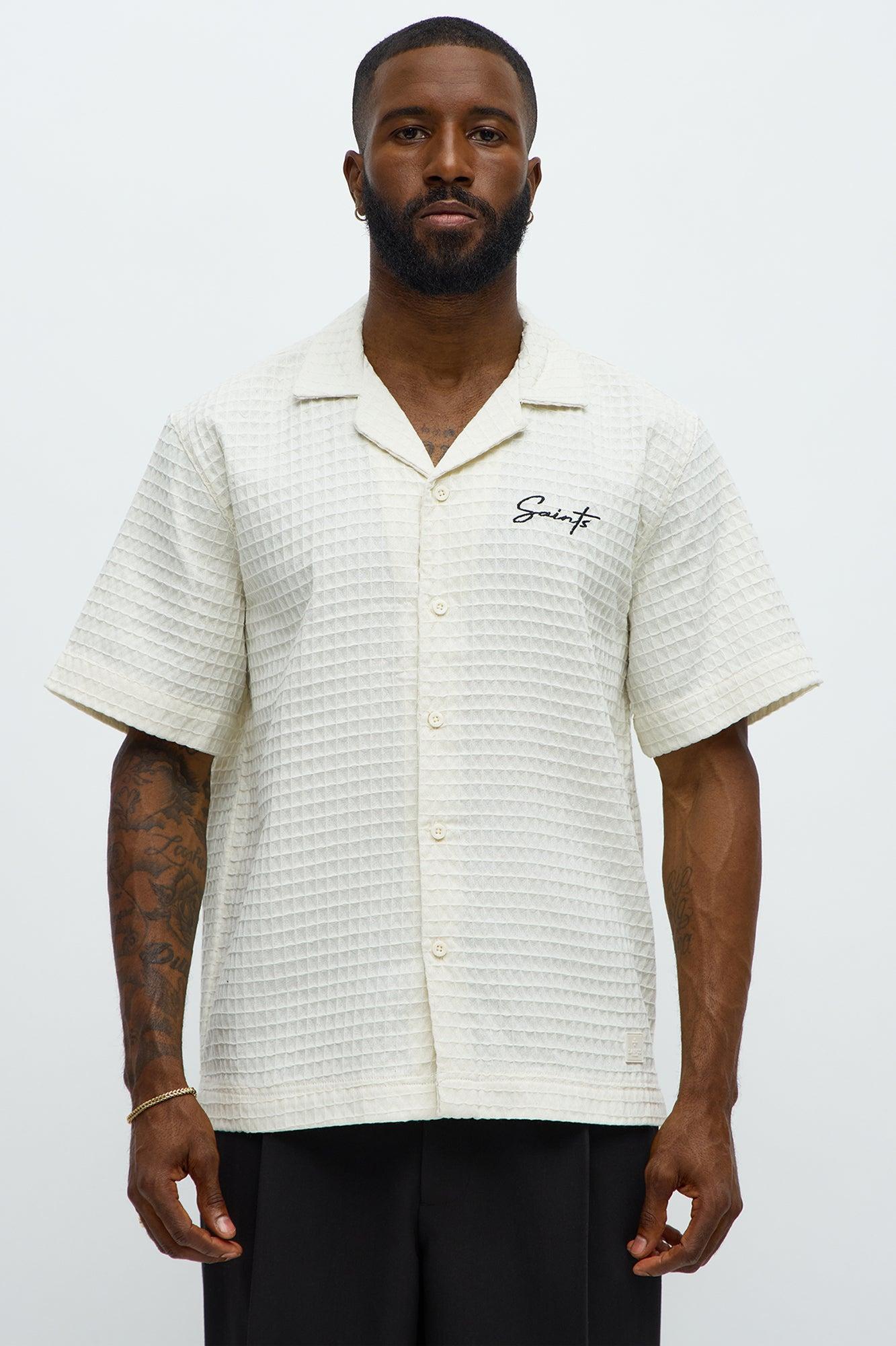 Diamond Weave Cuban Button Up Shirt - Off White Male Product Image