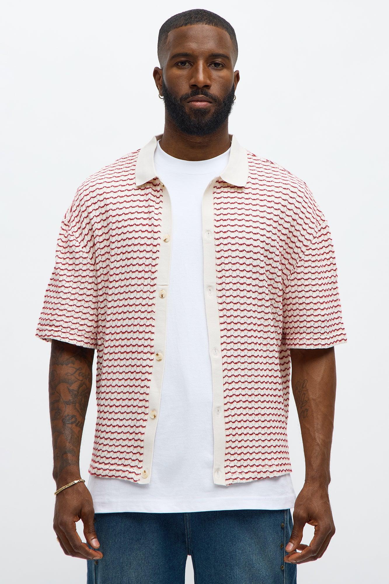 Regular Fit Color Block Button up Sweater Shirt - Cream/combo Male Product Image