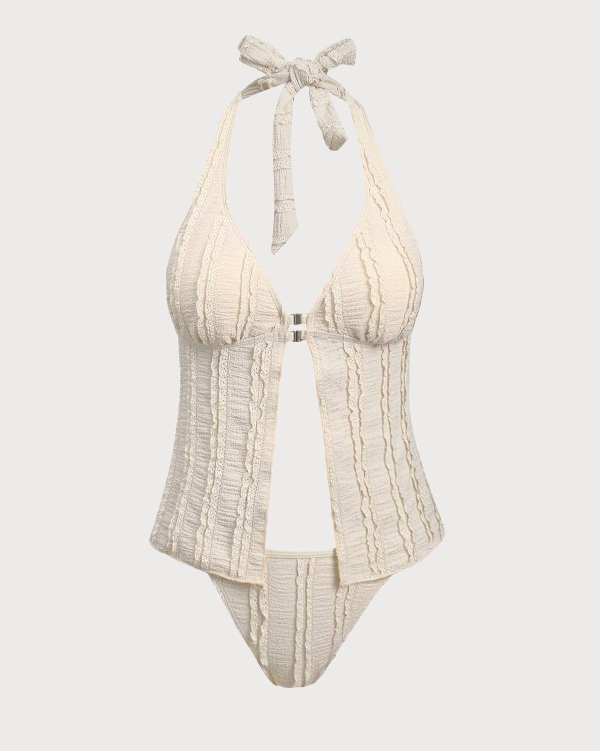 Yellow Deep V Front Button Tankini Swimsuit Product Image