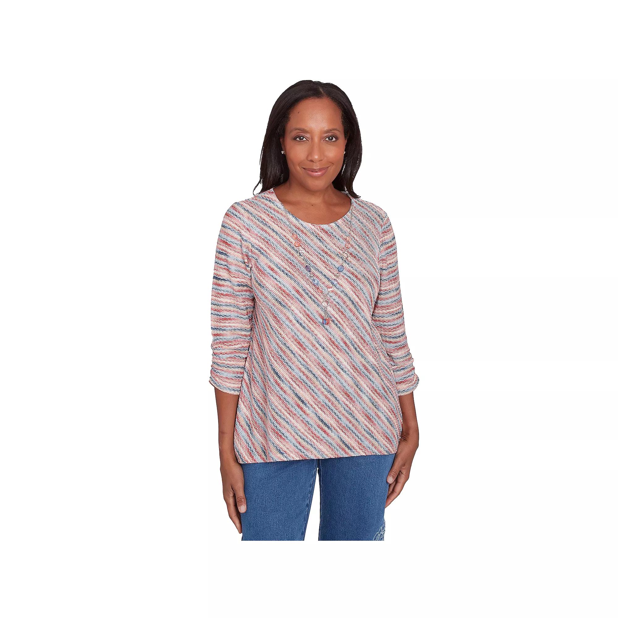 Petite Alfred Dunner Space Dye Diagonal Striped Top with Necklace, Women's, Size: Medium Petite, Pink Product Image