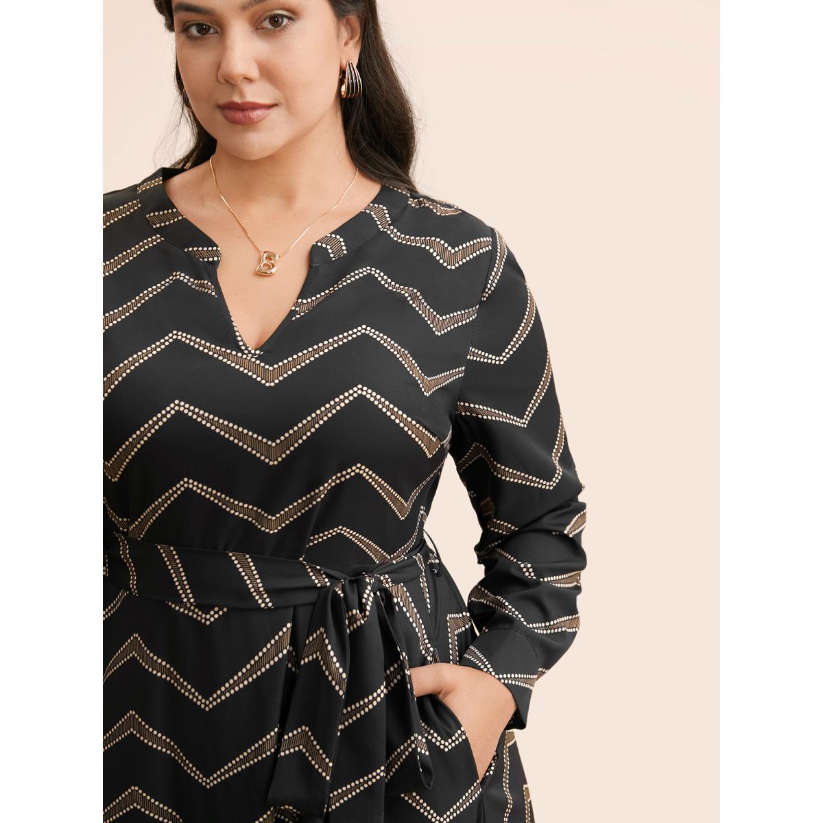 Plus Size Geometric Notched Belted Midi Dress Black Women At the Office Belted Flat collar with V-notch Long Sleeve Curvy BloomChic 28/5X Product Image